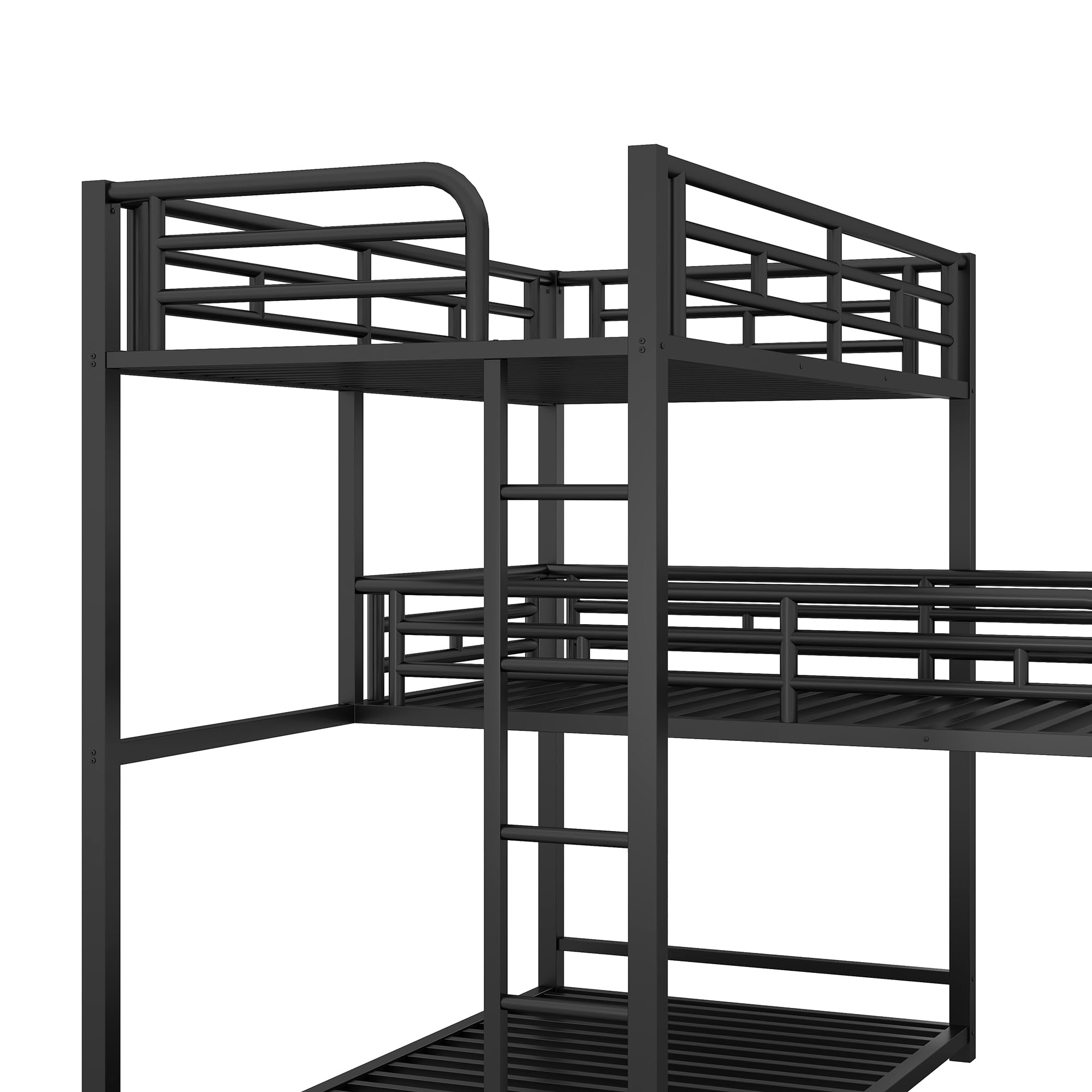 Twin Over Twin L-Shaped Metal Triple Bunk Bed with Ladder & Full-Length Guardrails - 3-in-1 Kids & Teens Bunk Bed in Black | Perfect for Small Bedrooms, Sleepovers & Space-Saving Solutions