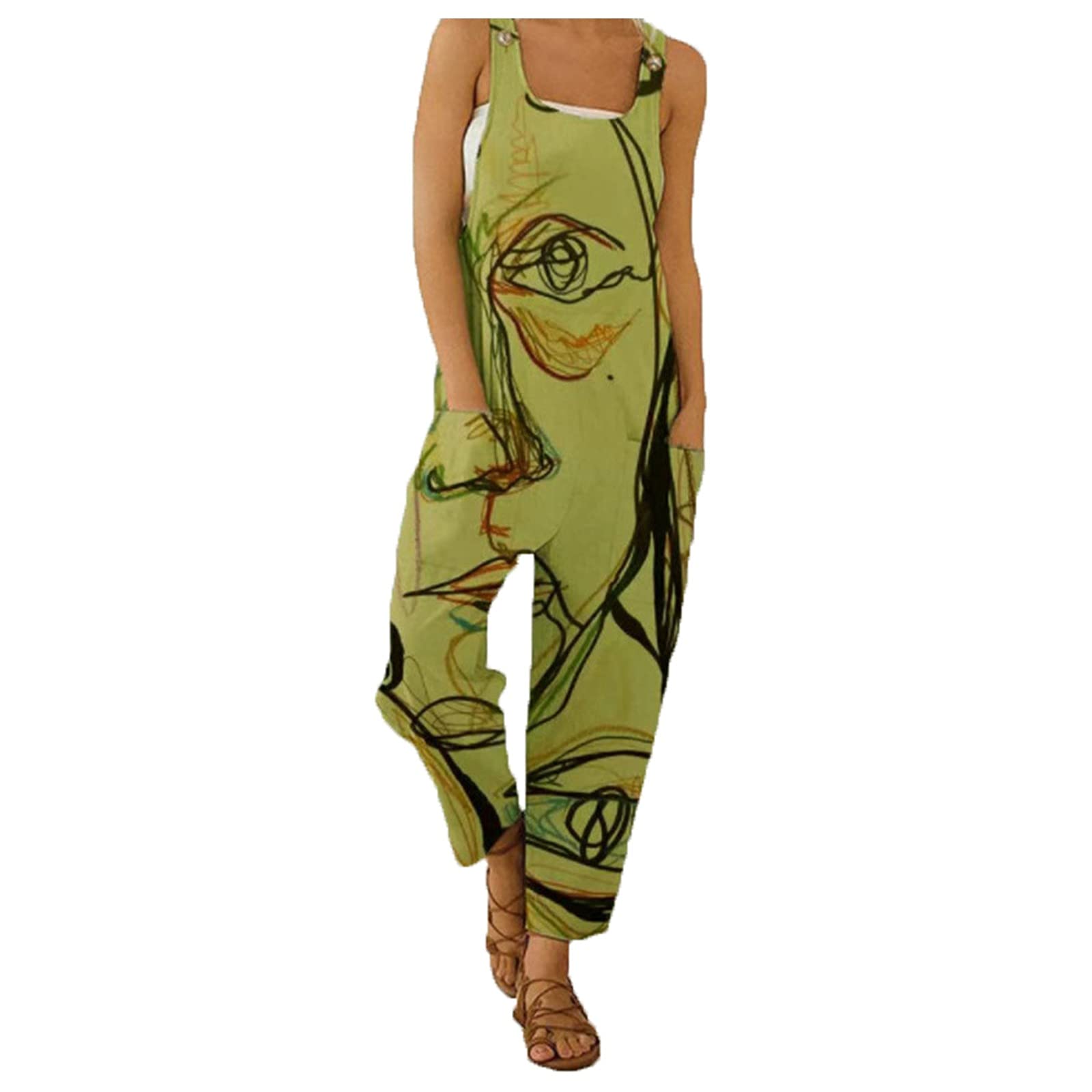 Forwelly Plus Size Women's Overall Jumpsuit - Stylish Graphic Print Strap Romper with Pockets | Casual Outfit for Summer, Outdoor Activities & Fashion Streetwear