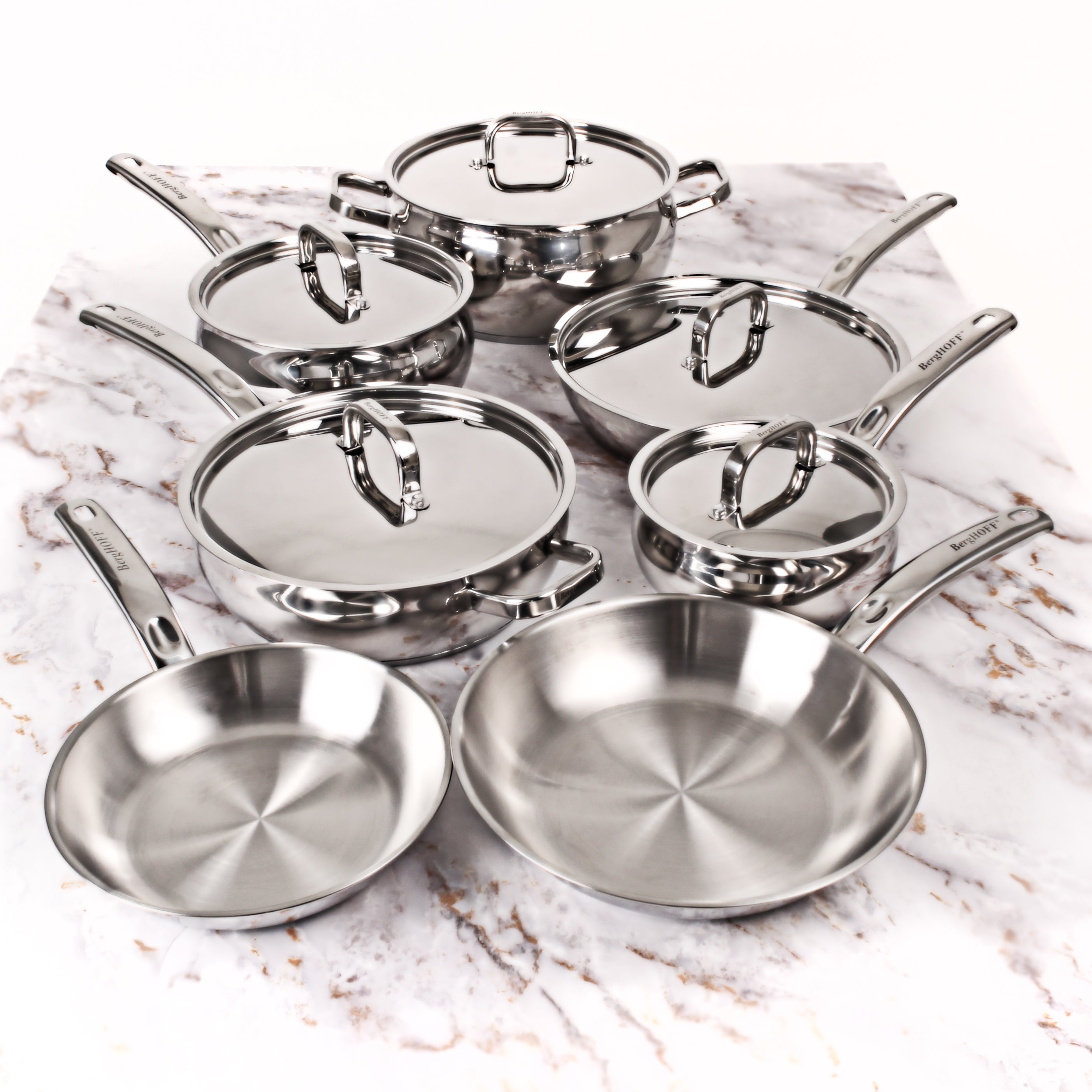 BergHOFF Belly Shape 12-Piece 18/10 Stainless Steel Cookware Set with Stainless Steel Lids - Perfect for Professional Chefs & Home Cooking, Ideal for Sautéing, Boiling & Simmering