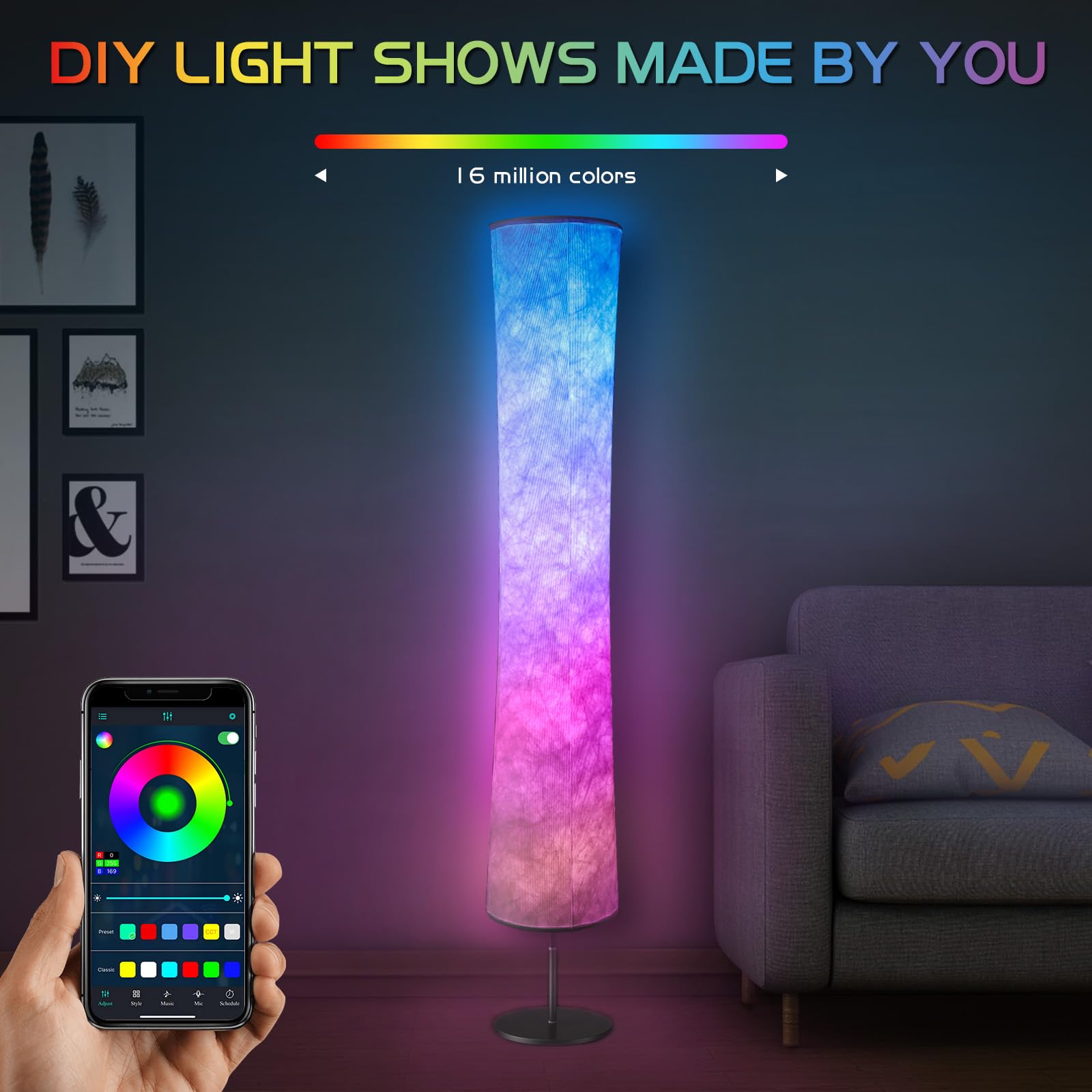 Smart RGB Color Changing LED Floor Lamp with Alexa & App Control - DIY Mode, Music Sync, White Fabric Shade - Modern Standing Light for Living Room, Bedroom, Gaming Room & Home Theater Ambiance