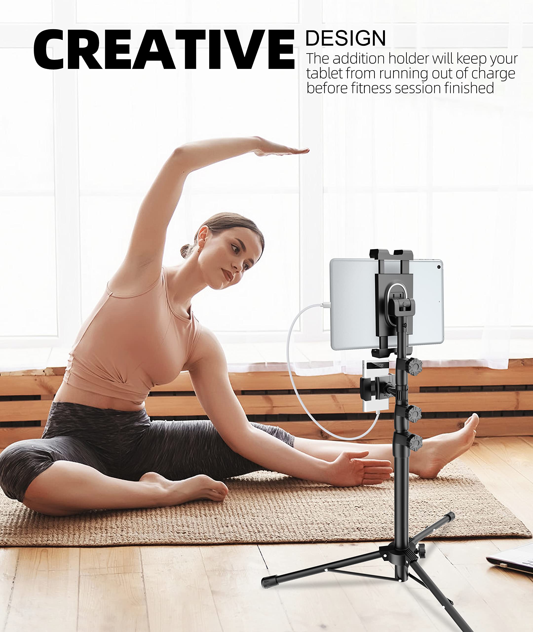 Adjustable iPad Tripod Stand with 2 Holders - Compatible with iPad Pro 12.9/11/10.5/9.7, iPad Air, iPad Mini 6/5/4/3/2, Samsung Tab, Nintendo Switch & All 4-13 Inch Tablets & Phones - Perfect for Home Office, Video Calls, Streaming & Photography