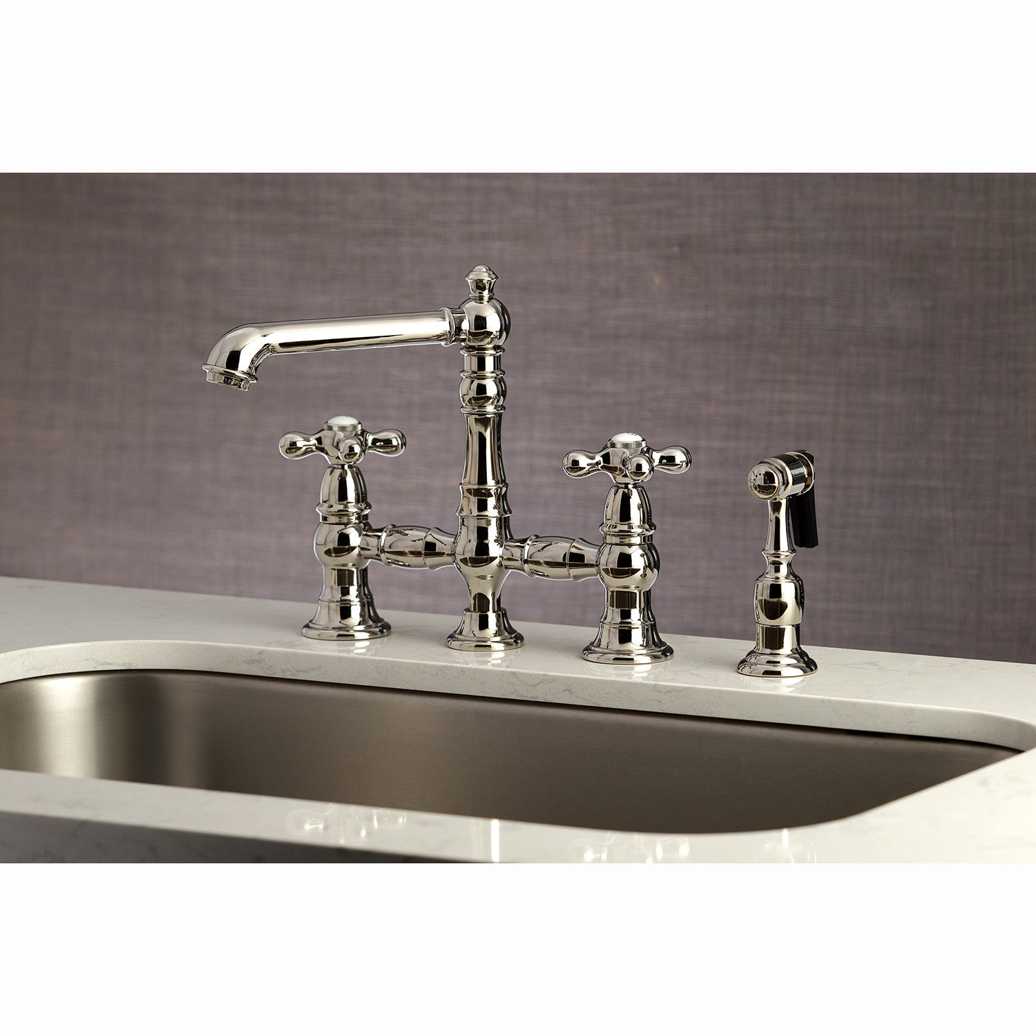 English Country Style Two-Handle 4-Hole Deck Mount Bridge Kitchen Faucet with Brass Side Sprayer - Perfect for Farmhouse & Vintage Kitchen Renovations