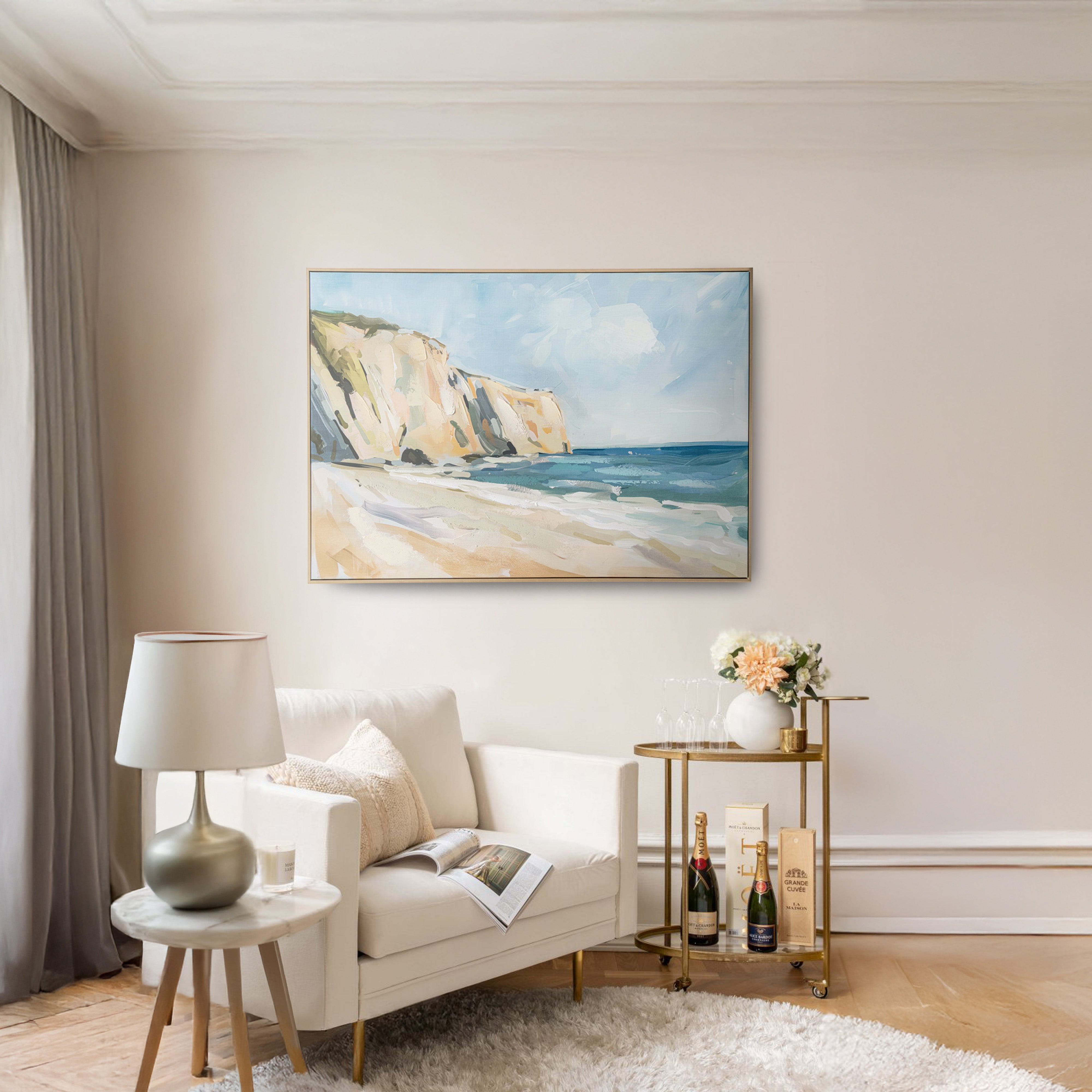 Urban Style Brushmarks Embellished Canvas Painted Shore Wall Art - Coastal Beach Decor for Living Room, Bedroom & Office