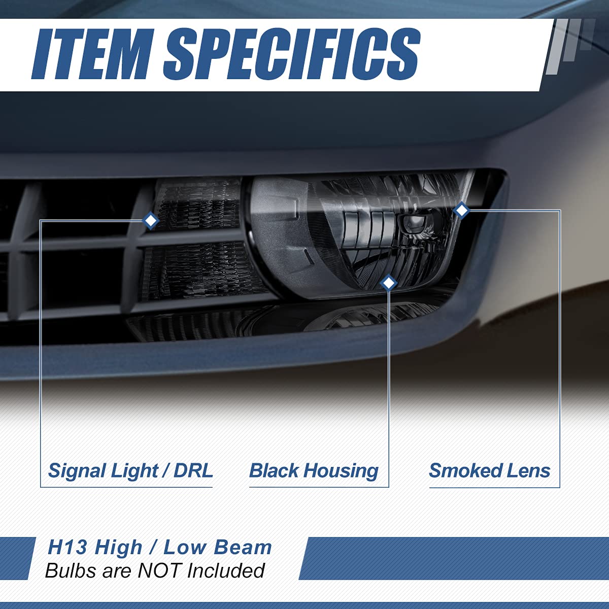 Auto Dynasty LED DRL Headlights Assembly for 2010-2013 Chevy Camaro - Smoked Lens Clear Corner Halogen Replacement Headlamps with Daytime Running Lights & Turn Signal - Perfect for Night Driving & Car Upgrades