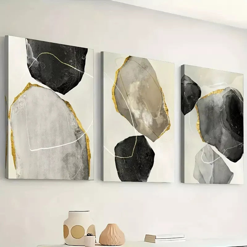 3-Piece Abstract Modern Stone Gold Black Wall Art Set - Framed Canvas 40x60cm (16x24in) - High Quality Print - 100% Australian Made - Ready to Hang Wall Decor for Living Room, Bedroom & Office