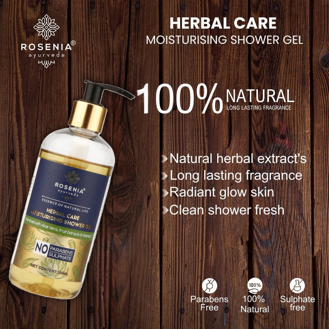 Rosenia Ayurveda Moisturizing Shower Gel for Men & Women - Aloe Vera, Fruit Extracts & Vitamin C Enriched - 300ml | Hydrating Body Wash for Dry Skin, Daily Shower & Spa Relaxation