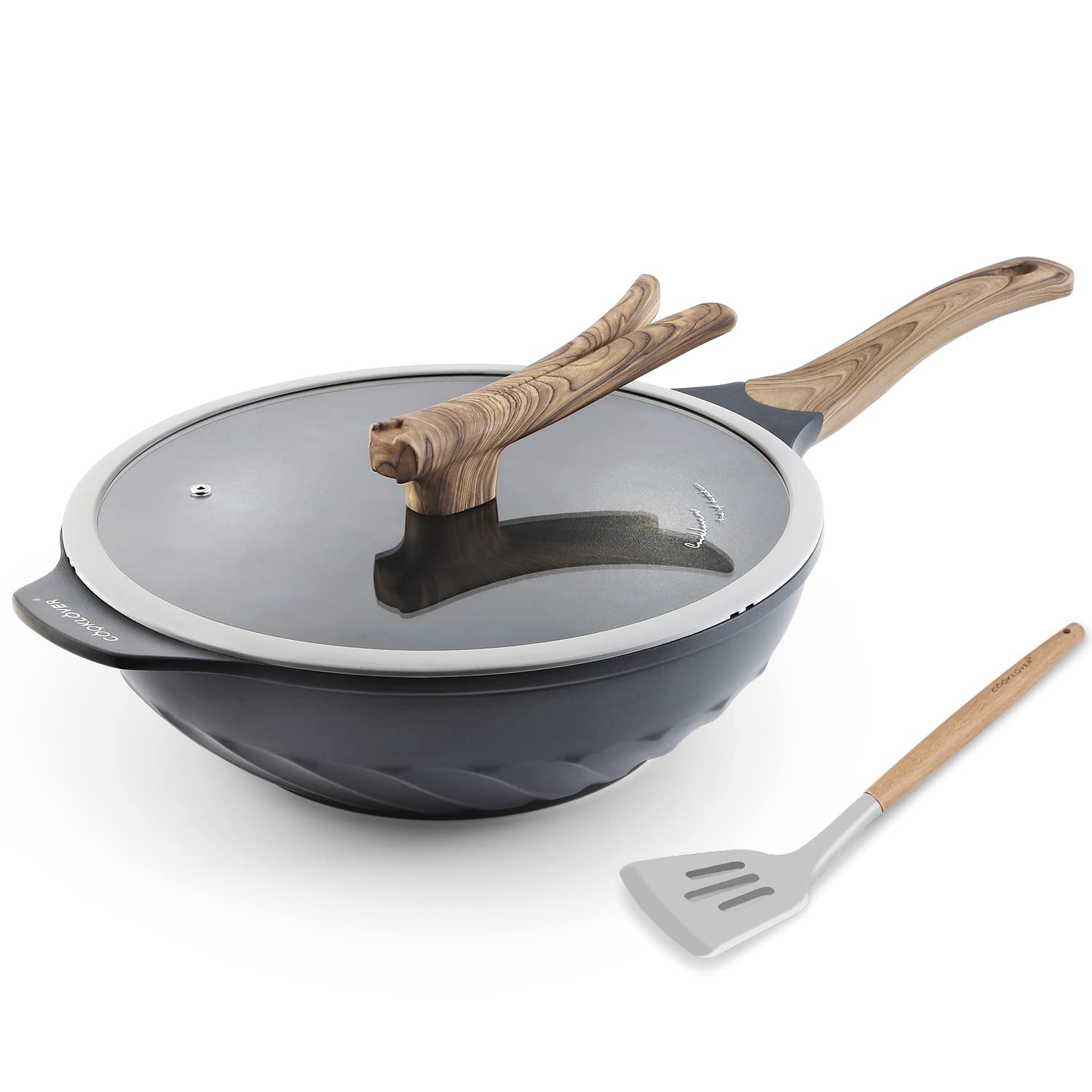 Nonstick Wok Pan 12.6 Inch - COOKLOVER Die-Cast Aluminum Stir Fry Pan with Glass Lid, PFOA-Free & Scratch Resistant, Induction Compatible (Slate Grey) - Perfect for Asian Cooking, Stir Frying, Sautéing & Home Kitchen Use
