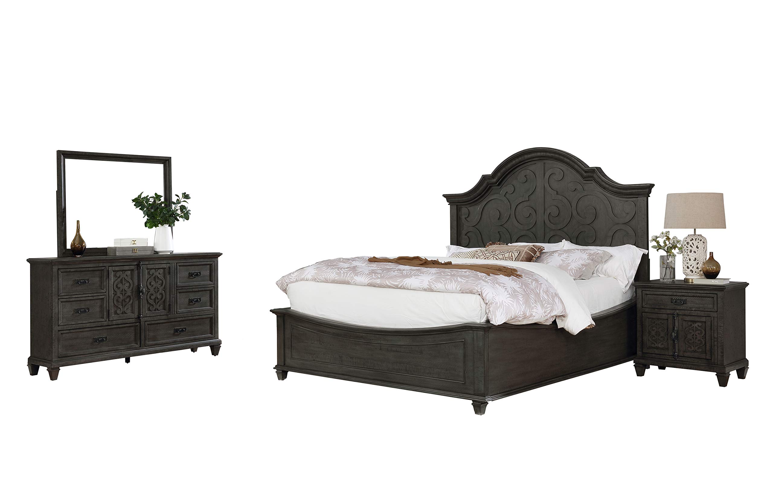 4-Piece Queen Bedroom Set with Dresser, Mirror & Nightstand - Rustic Gray Finish for Farmhouse & Vintage Style Bedrooms