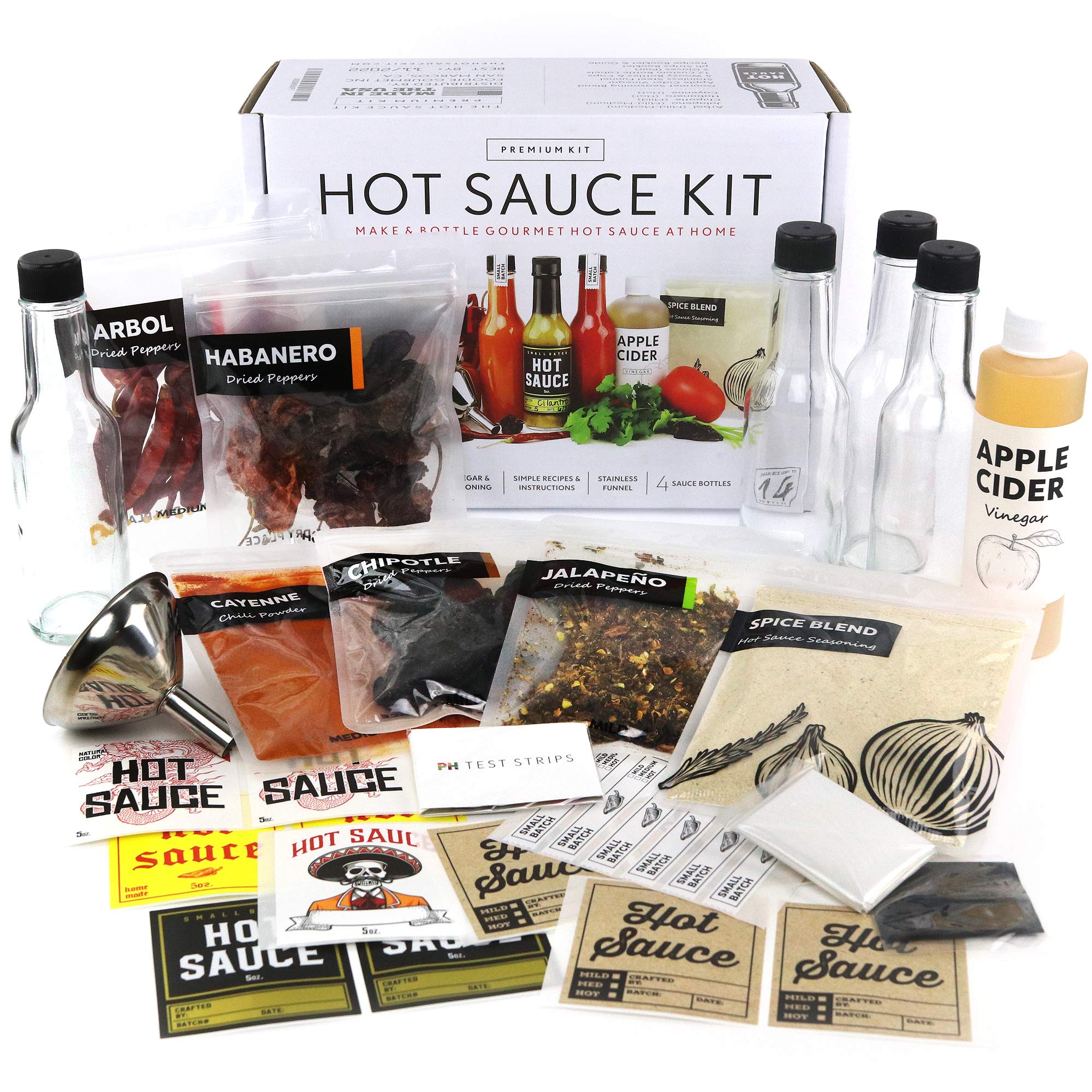 Premium Hot Sauce Making Kit with 5 Pepper Varieties (Jalapeno & Habanero) - Gourmet Spice Blend, 4 Glass Bottles & Fun Labels - DIY Homemade Hot Sauce Gift Set for Men, Dad & Cooking Enthusiasts | Perfect for Home Cooking, BBQ Parties & Unique Gifts