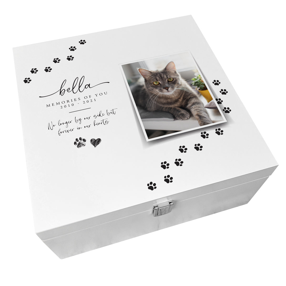 Personalized Paw Prints Square Luxury White Wooden Pet Memorial Photo Memory Box - 2 Sizes for Ashes, Collars & Keepsakes - Perfect for Dog, Cat & Pet Lovers