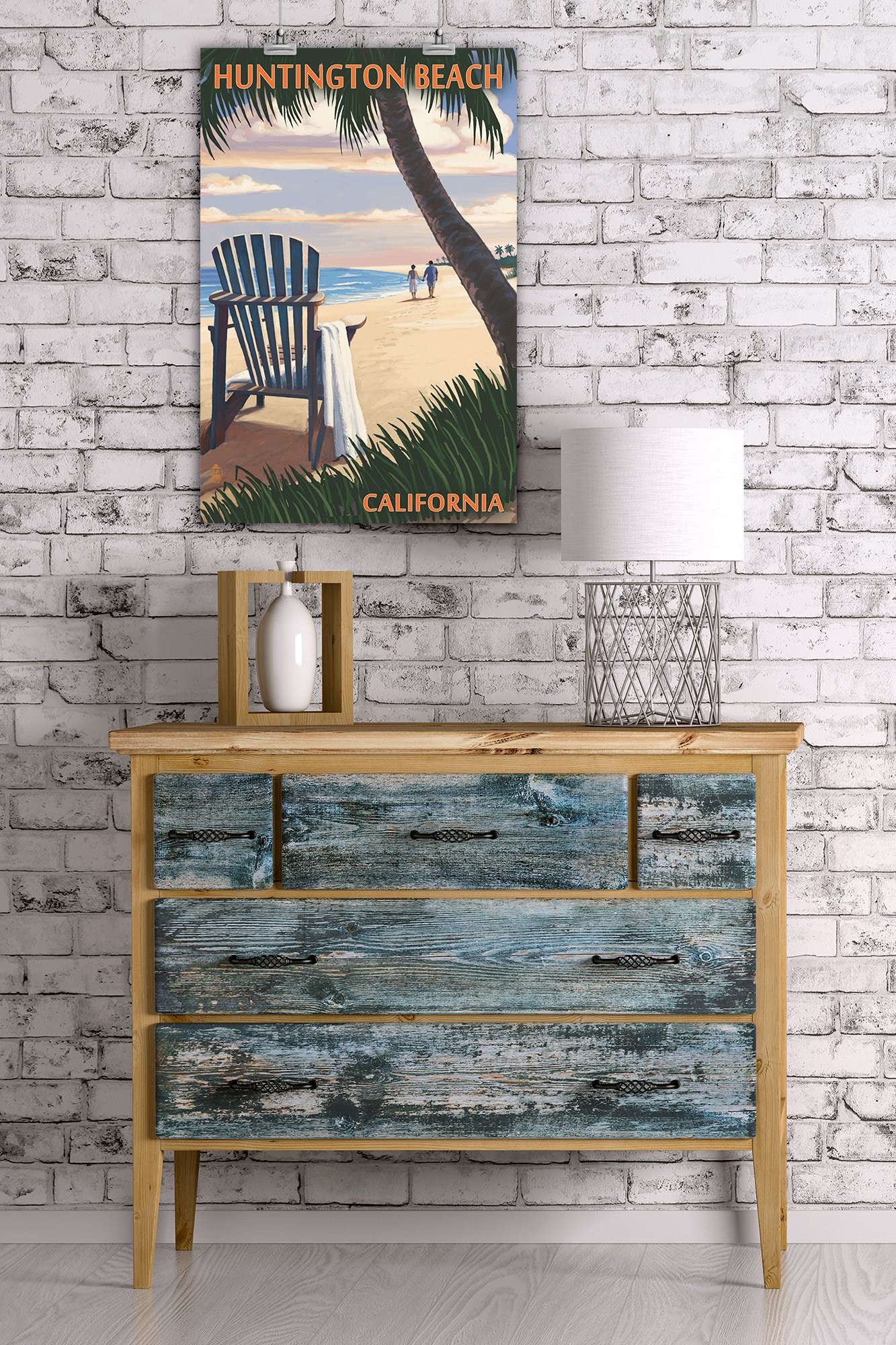 Lantern Press 16x24 Inch Giclee Art Print - Huntington Beach California Sunset with Adirondack Chairs | Coastal Wall Decor for Living Room, Beach House & Office