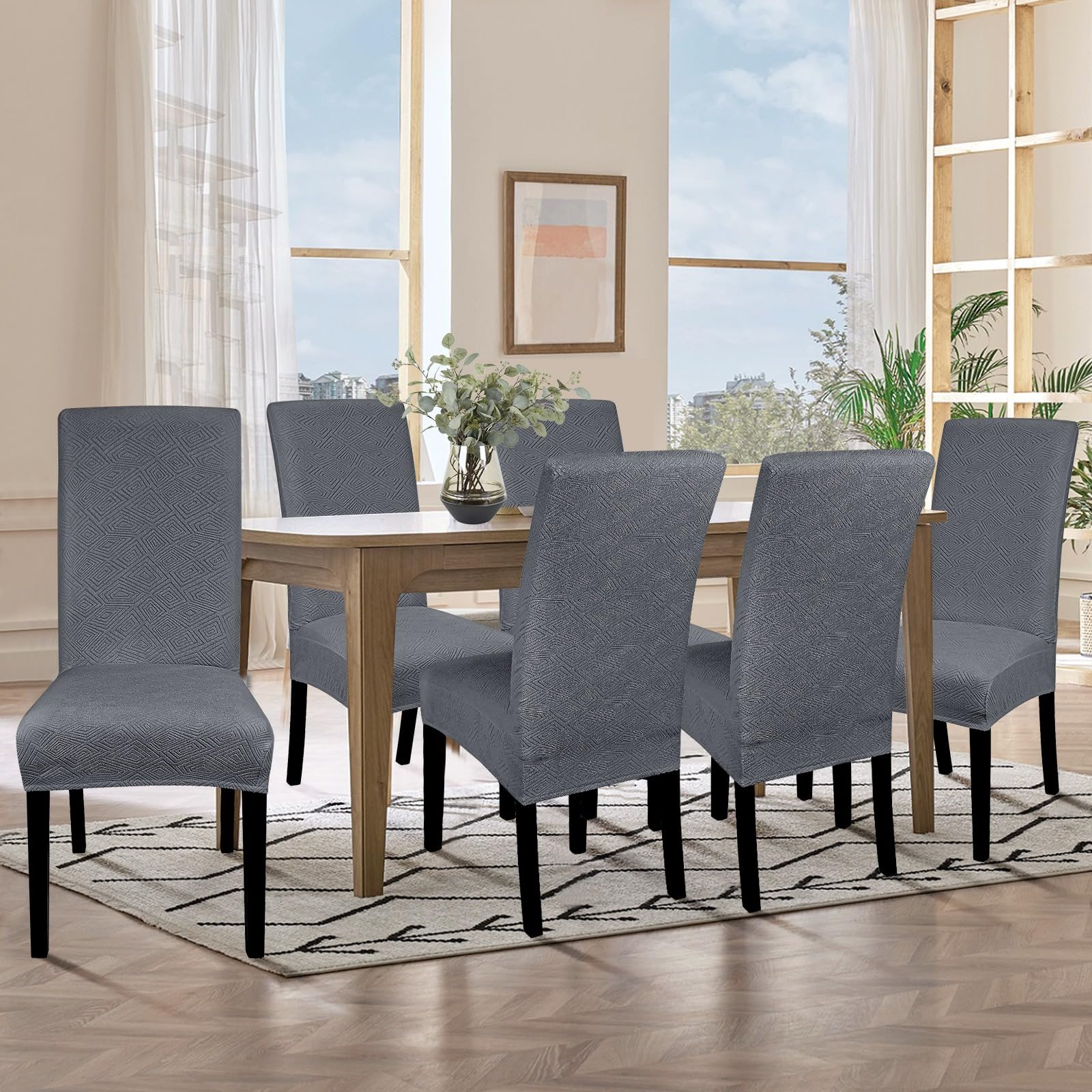 Stretchable Jacquard Dining Room Chair Covers Set of 6 - Washable Parsons Chair Slipcovers, Removable Kitchen Chair Protectors for Home, Hotel & Wedding Ceremony (Grey) - Perfect for Dining Room Decor, Restaurant Seating & Event Furniture Protection