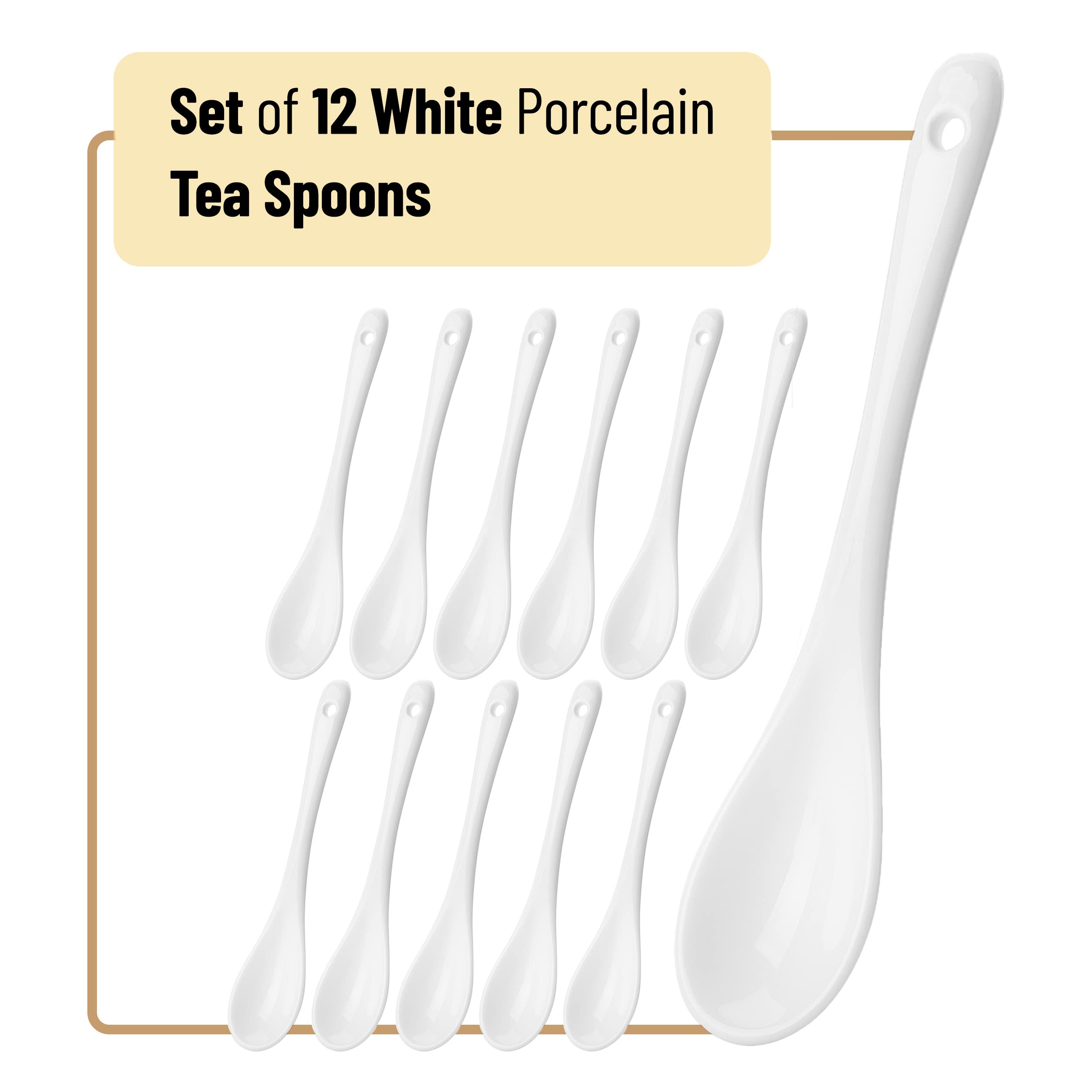 Brew To A Tea - Set of 12 White Porcelain Tea Spoons, Modern Design, Dishwasher & Microwave Safe - Perfect for Tea Parties, Coffee Breaks & Elegant Dining