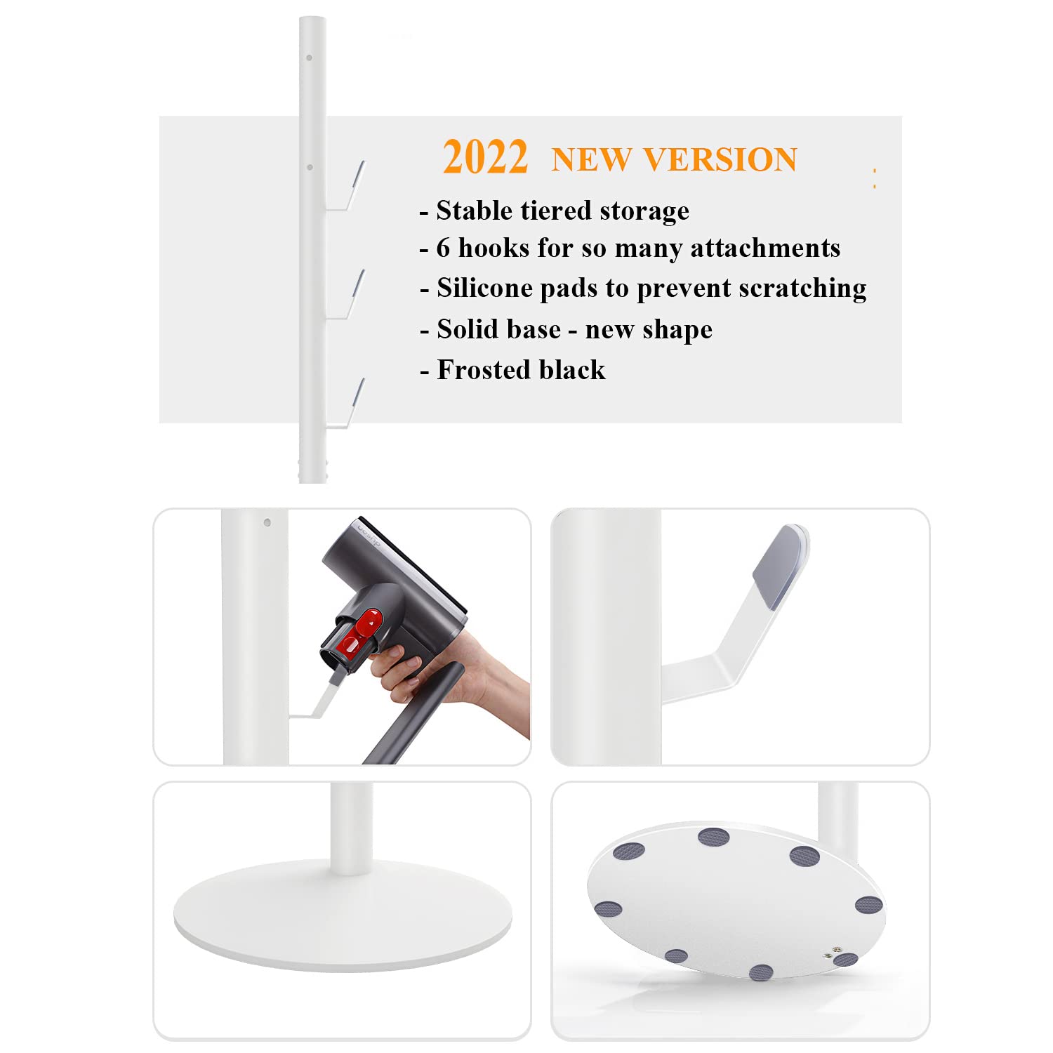 Freestanding Vacuum Stand Holder for Dyson V15 Detect, V11, V10, V8, V7, V6 Cordless Vacuums - Metal Floor Docking Station with 6 Hooks (White) | Wall Mount Organizer for Bedroom, Living Room & Garage Storage