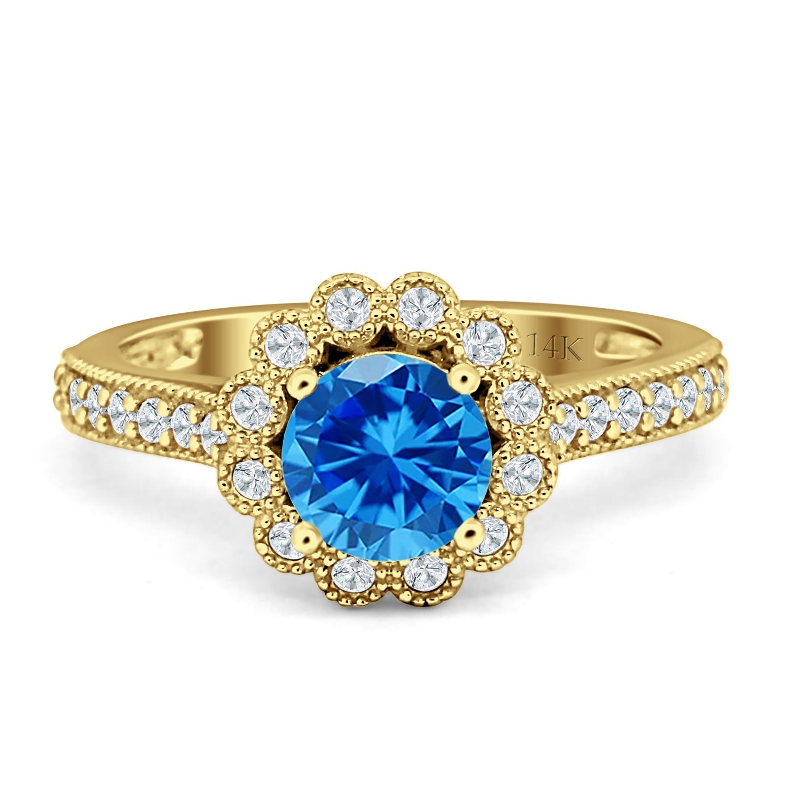 14K Yellow Gold Round Blue Topaz & CZ Vintage Style Flower Ring for Women - Elegant Bridal, Engagement, Anniversary Gift Jewelry - Perfect for Weddings, Parties & Special Occasions