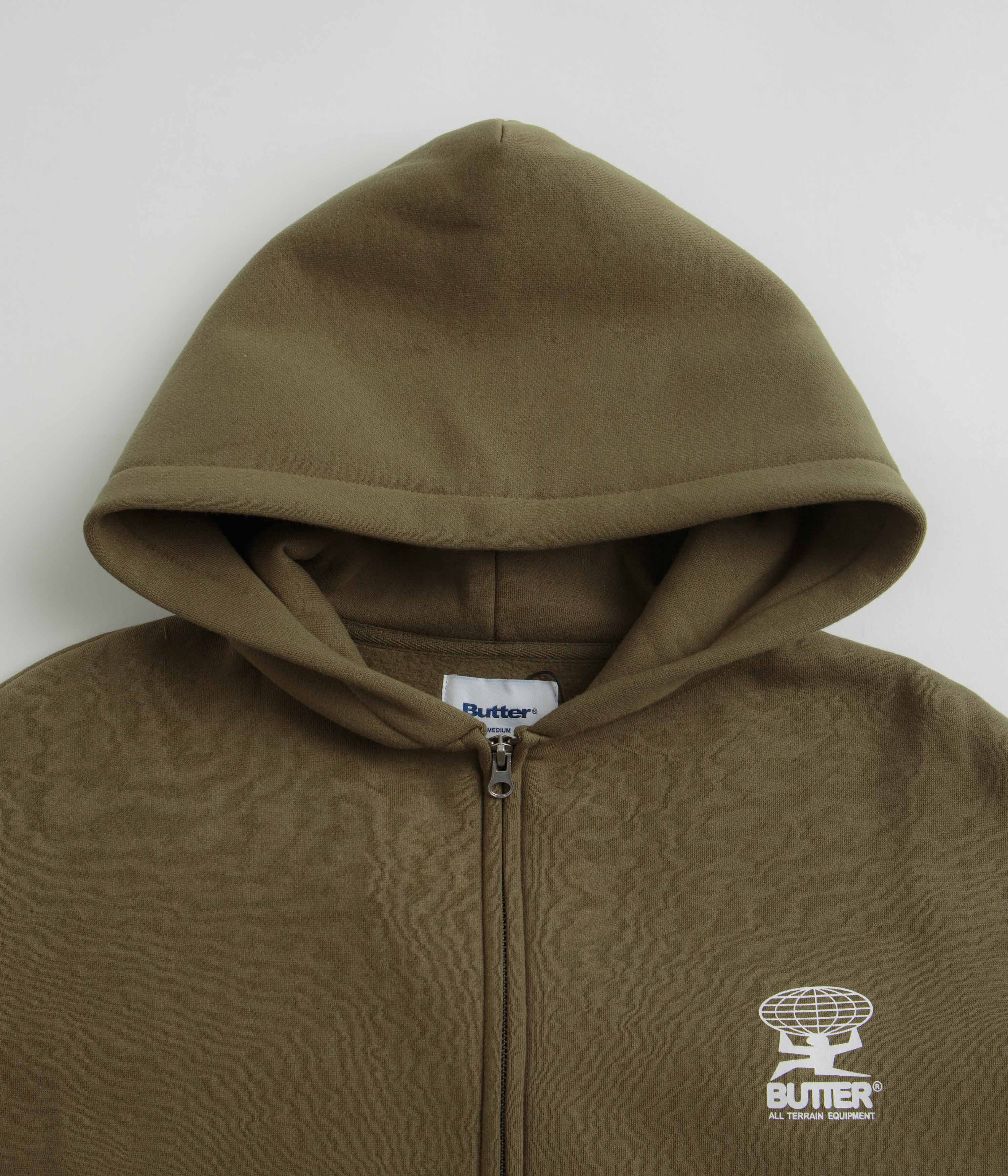 Butter Goods Terrain Zip Thru Hoodie - Army Green Fleece Pullover for Men | Outdoor Hiking & Streetwear Fashion