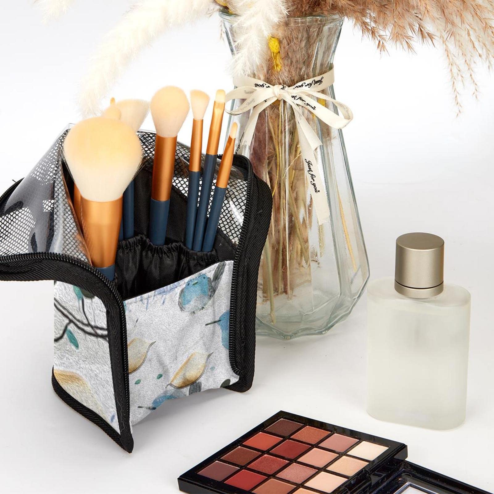 12-Piece Makeup Brush Organizer Bag with Portable Holder Case - Ink Painting Bird Design for Travel & Home Storage | Perfect for Makeup Artists & Beauty Enthusiasts