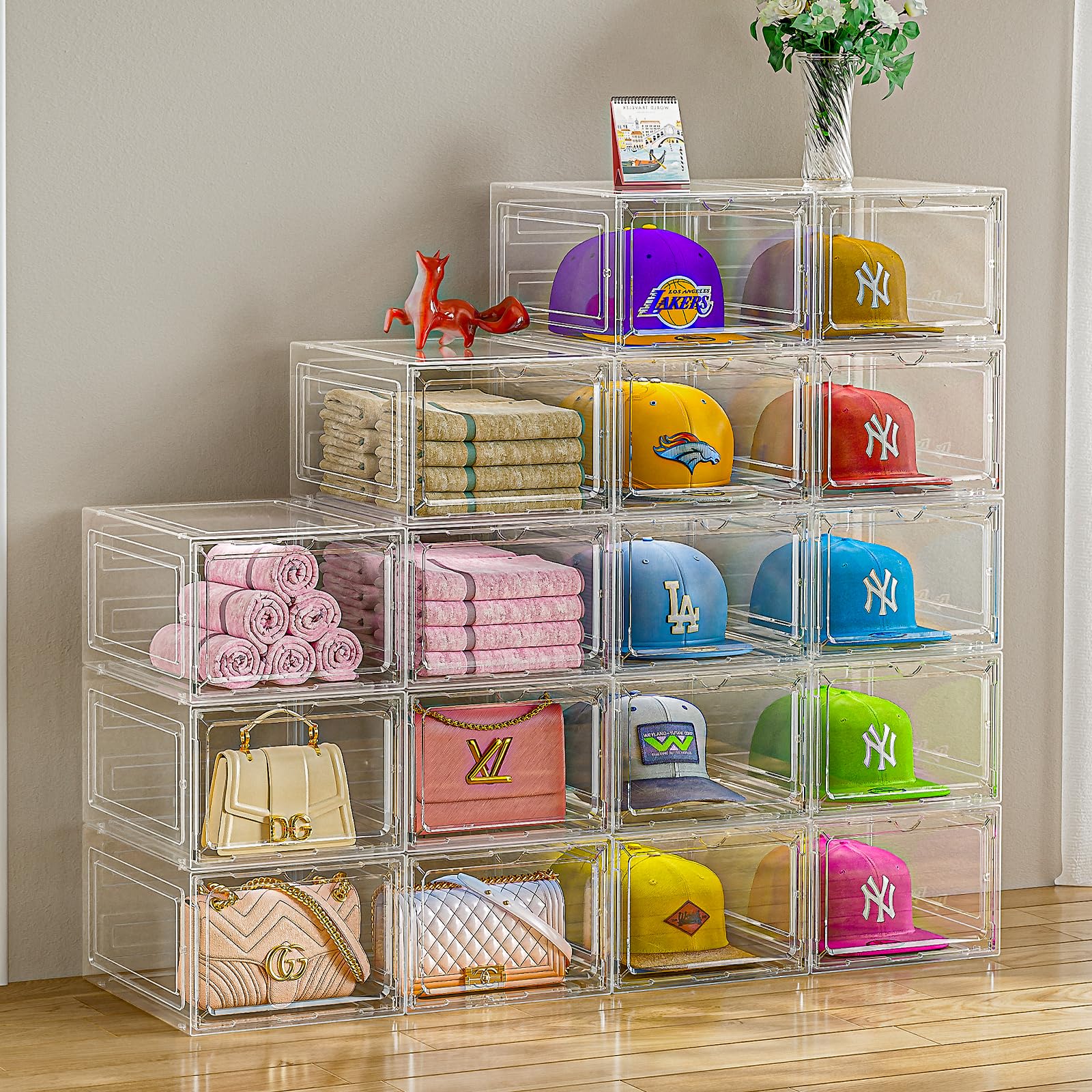 6-Pack Clear Plastic Baseball Cap Organizer Box with Magnetic Door - Hat Storage & Display Case for Closet, Holds 8 Caps Each - Perfect for Snapback, Dad Hats & Caps Collection Organization