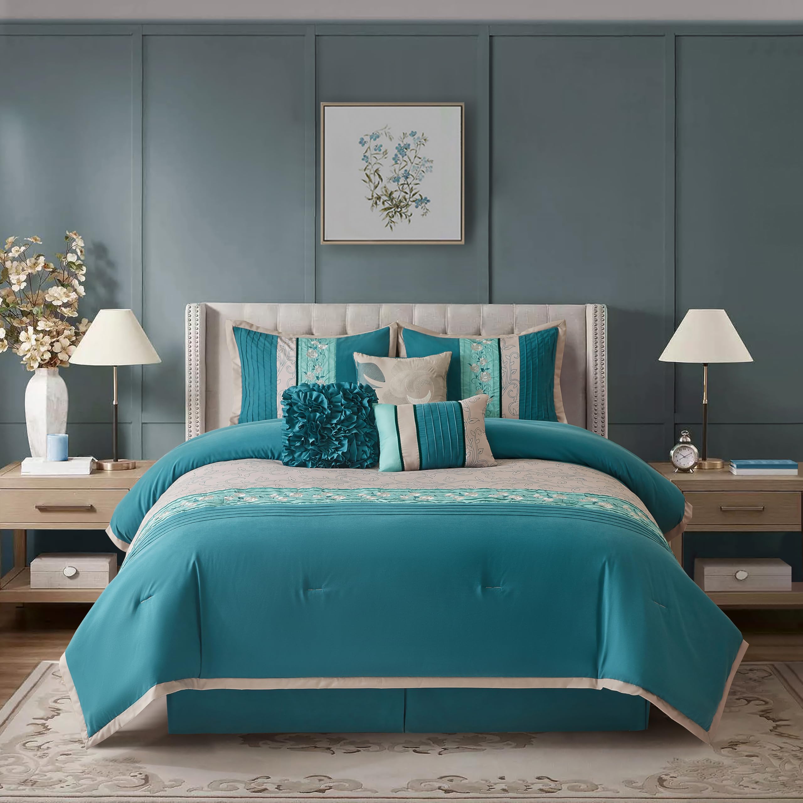 Grand Avenue Teal and Grey 7-Piece Queen Comforter Set with Pillow Shams & Bedskirt | Floral Bedding Collection for Home Decor | Perfect for Master Bedroom, Guest Room & Cozy Retreats