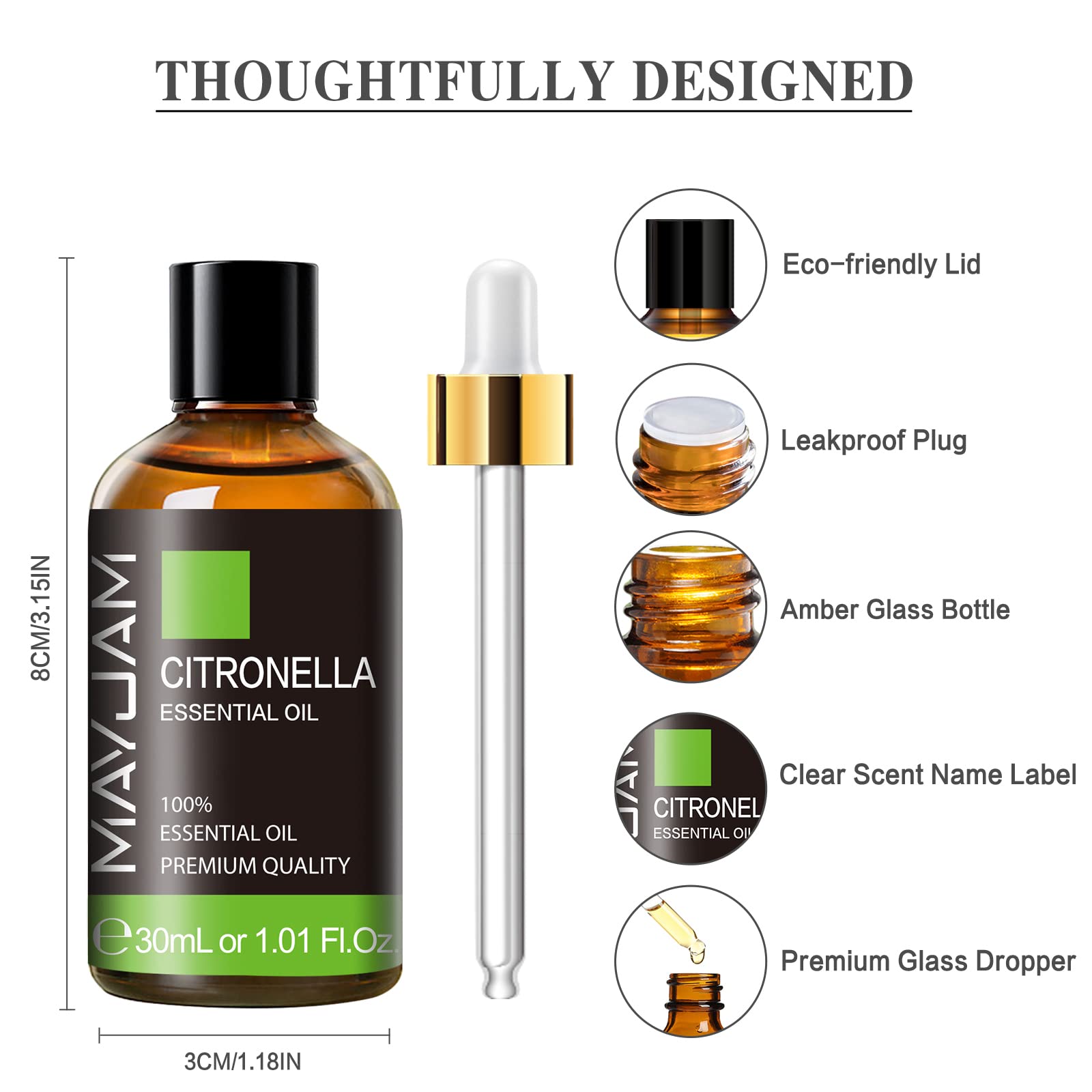 MAYJAM Premium Citronella Essential Oil - 1.01 fl oz (30ml) for Aromatherapy, Soap & Candle Making | Natural Mosquito Repellent for Home, Office, Diffuser, Bedroom & Living Room | Relaxing & Insect-Repelling Essential Oil