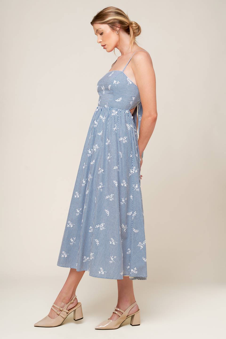 LAYTON EMBROIDERED MIDI DRESS - Blue Floral Summer Dress for Women, Perfect for Beach Vacation, Garden Party & Casual Outings