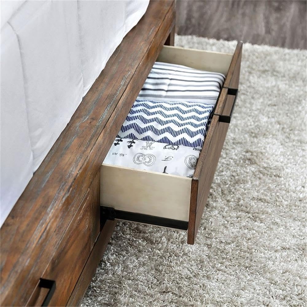 Furniture of America Russ Rustic Solid Oak Wood California King Storage Bed Frame - Spacious Underbed Storage for Master Bedroom & Guest Room Organization