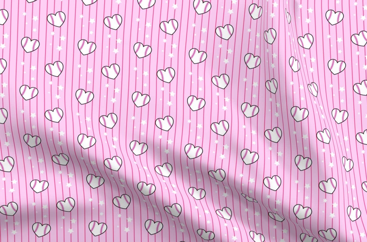 Heart Baseballs Pink Stripes Kawaii Sports Print Petal Signature Cotton Fabric by The Yard - Sewing, Quilting, Apparel & DIY Crafts - Perfect for Girls' Room Decor, Cute Sports-Themed Projects