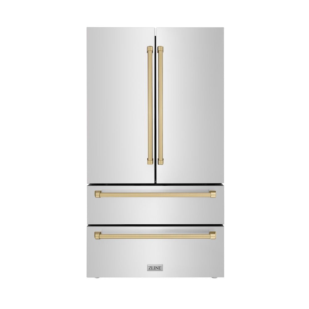 ZLINE Autograph Edition 36 Inch Counter Depth French Door Refrigerator - 22.5 cu.ft Capacity with Ice Maker, Fingerprint Resistant Stainless Steel & Champagne Bronze Handles (RFMZ 36 CB) - Perfect for Modern Kitchens, Open Concept Homes & Entertaining Spaces