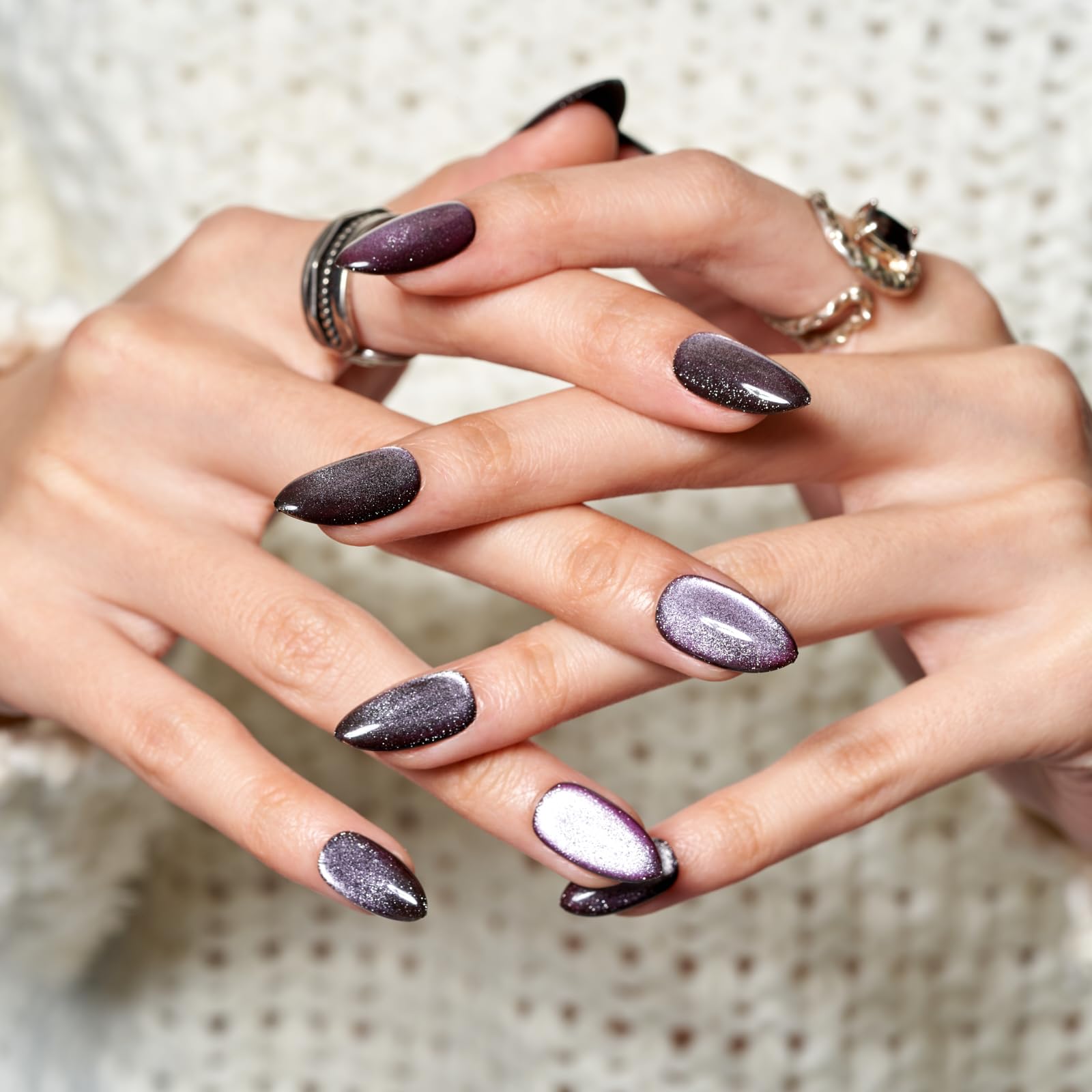 GLAMERMAID Black Aurora Magnetic Cat Eye Press-On Nails - Short Almond Shape Handmade Gel Fake Nails with Dark Ombre Crush Design, Glue-On Oval False Nails Set for Women | Glossy Glitter Stiletto Nails for Parties, Weddings & Special Occasions