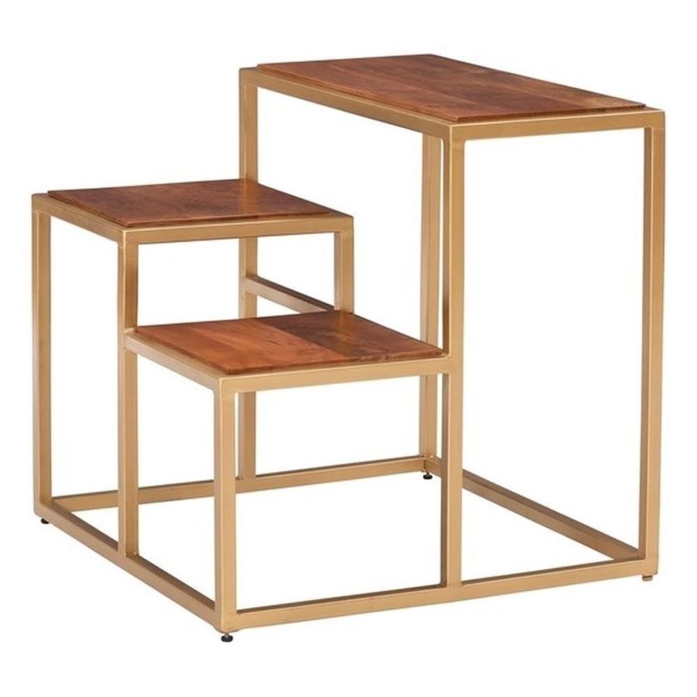 Linon Elijah 3-Tier Wood & Iron Side Table - Gold/Natural Finish | Perfect for Living Room, Bedroom, or Balcony Plant Stand | Multi-Purpose Storage Shelf for Home Decor