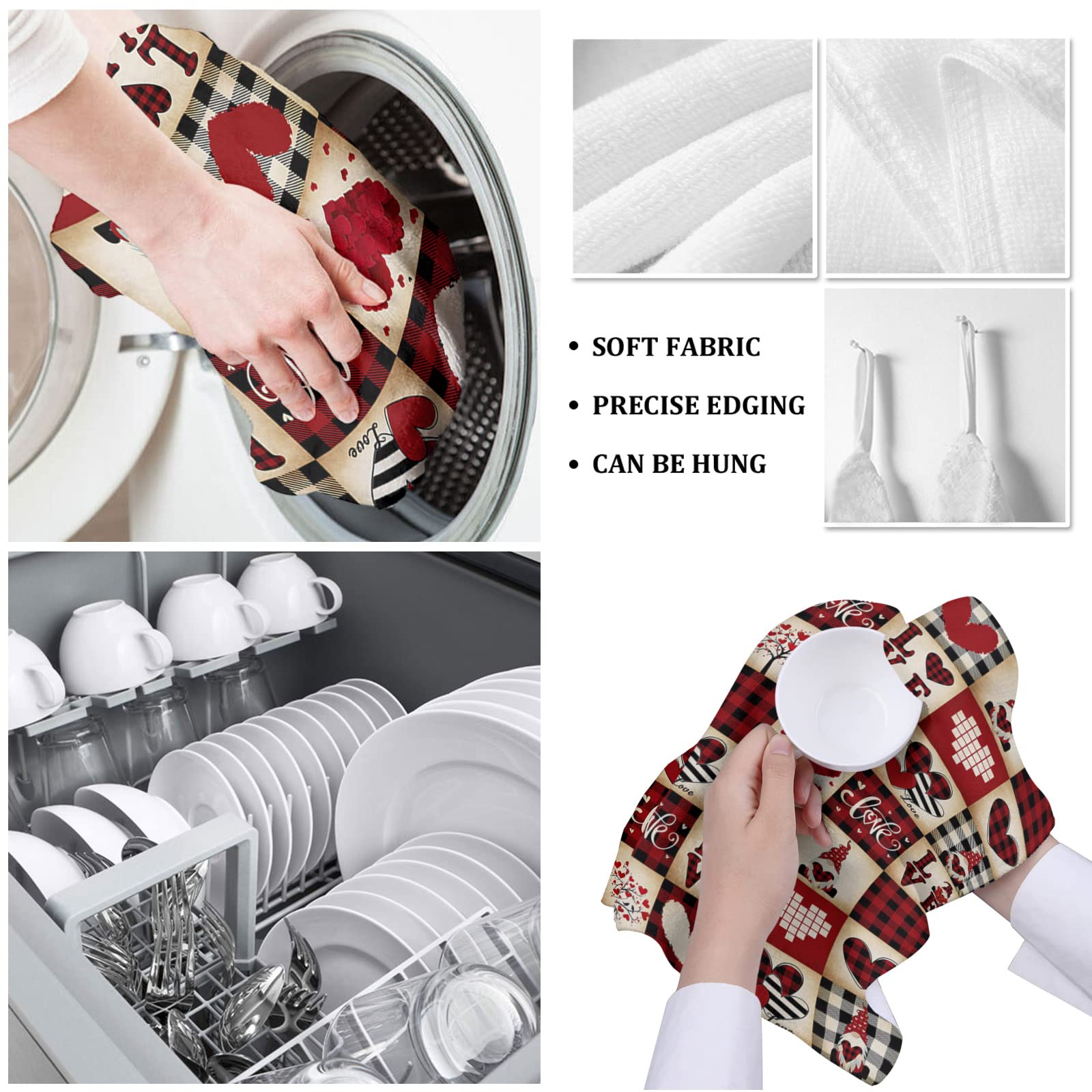 Premium Microfiber Kitchen Towels Set of 4 - Super Absorbent Dish Towels, Tea Towels & Bar Towels (18x28 Inch) - Valentine's Day Truck Gnome Design with Love Heart, Red & Black Buffalo Plaid - Perfect for Kitchen Cleaning, Drying Dishes & Holiday Decor