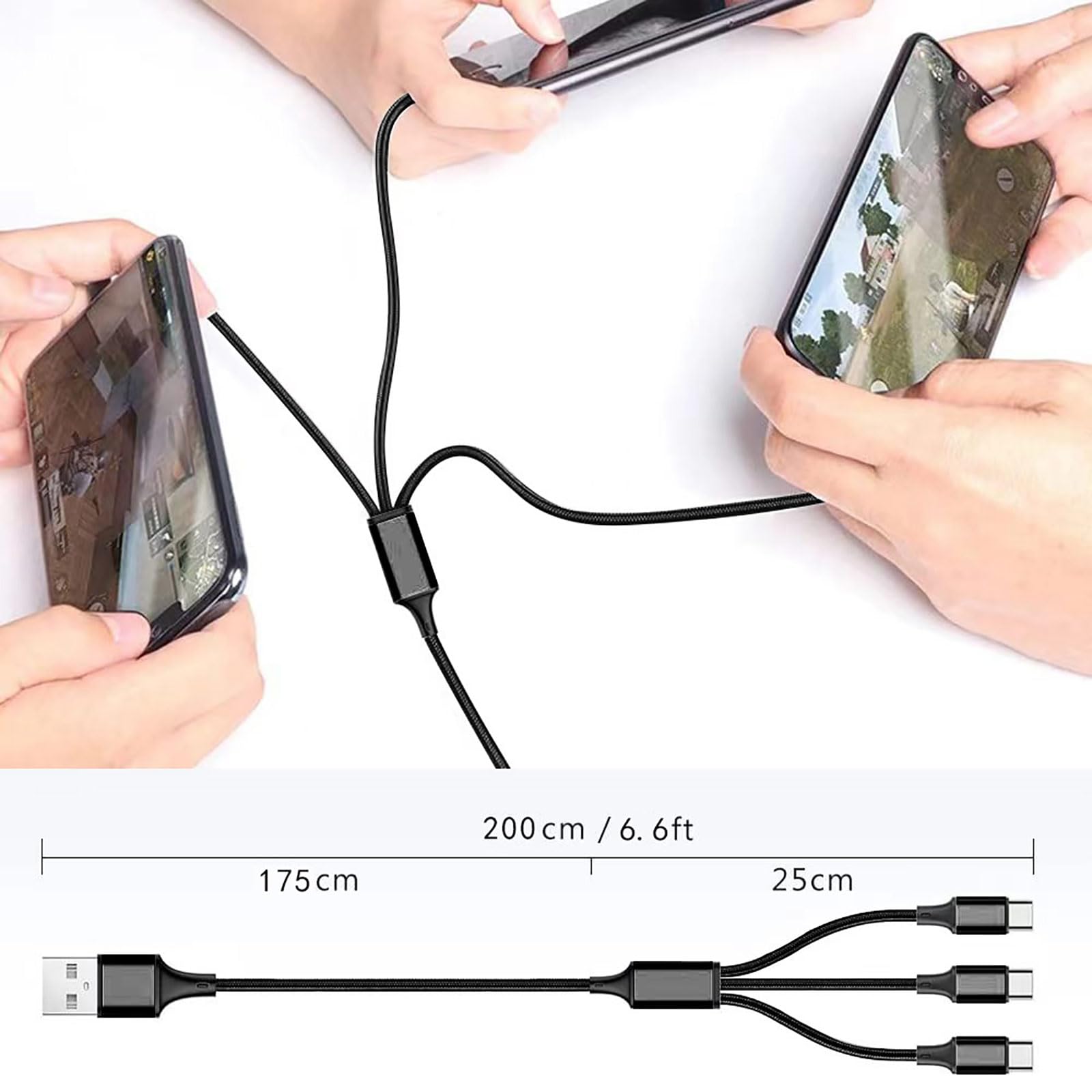 6.6FT Multi USB C Cable - 3 in 1 Fast Charging Cable for iPhone 15 Pro/Pro Max/Plus, iPad Air/Pro, Samsung Galaxy S24/S23, Google Pixel, PS5 - Simultaneous Charging for Multiple Devices - Perfect for Home, Office & Travel