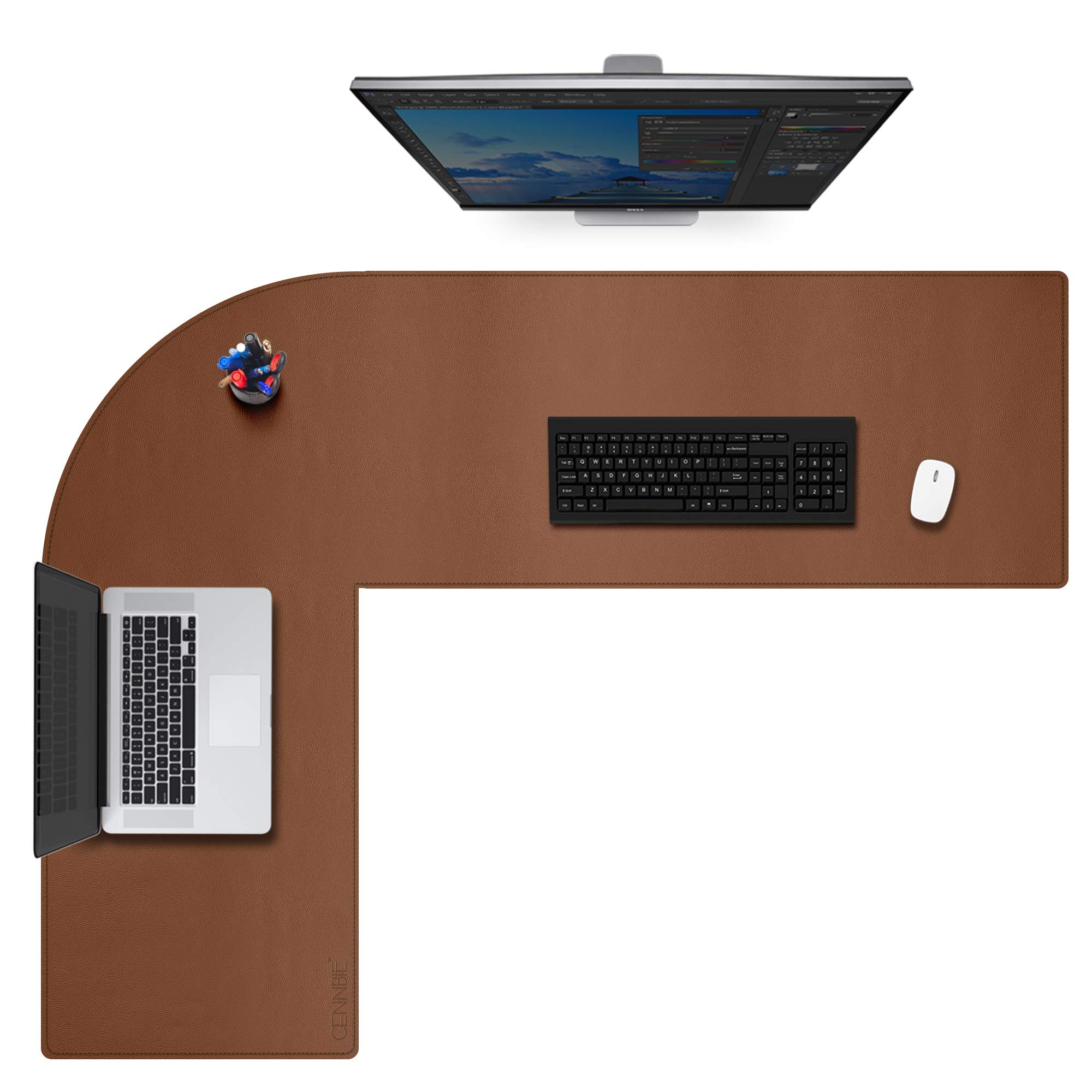 Dual Sided L Shaped Desk Pad - 51.2x59in Leather Gaming Mat for Home Office (Brown)