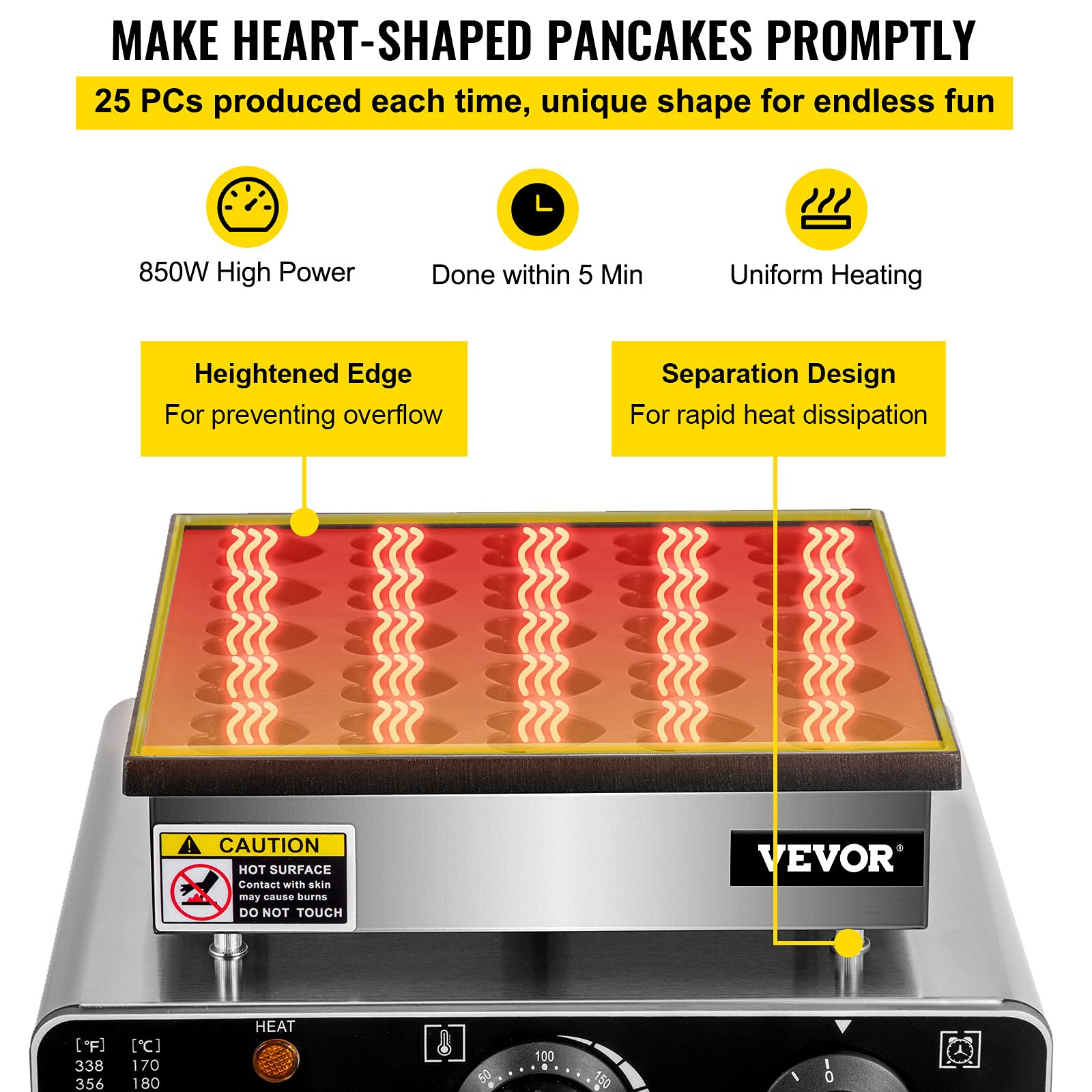 VEVOR 850W Electric Mini Dutch Pancake Maker - Heart-Shaped Commercial Proffertjes Muffin Waffle Machine, 25PCs Capacity, 110V for Kitchen, Bakery, Snack Bar | Perfect for Breakfast, Brunch, Desserts & Party Food Preparation