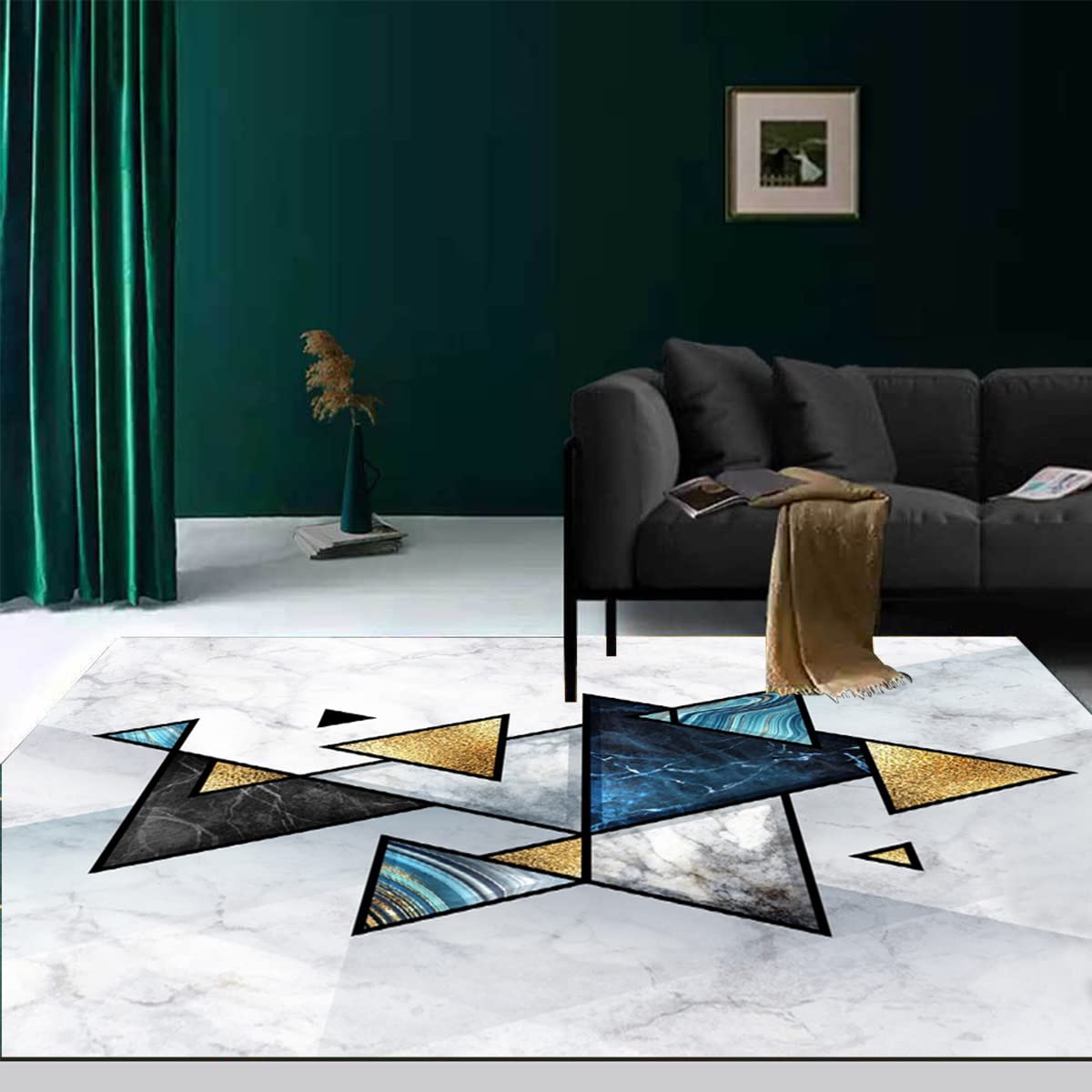 Black White Gold Geometric Triangle Modern Area Rug 3x8 - Abstract Marble Pattern Contemporary Carpet for Living Room, Bedroom & Home Office - Soft Indoor Floor Rug Perfect Under Dining Table or as Kitchen Runner - Enhances Modern Decor & Adds Comfort
