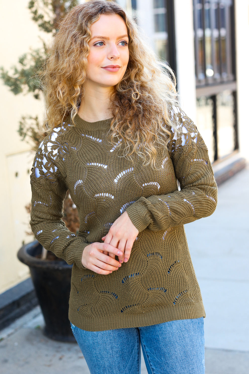 Stylish Olive Green Pointelle Lace Knit Sweater for Women - Trendy Casual Pullover with Shoulder Details - Perfect for Fall Outfits, Date Nights & Office Wear