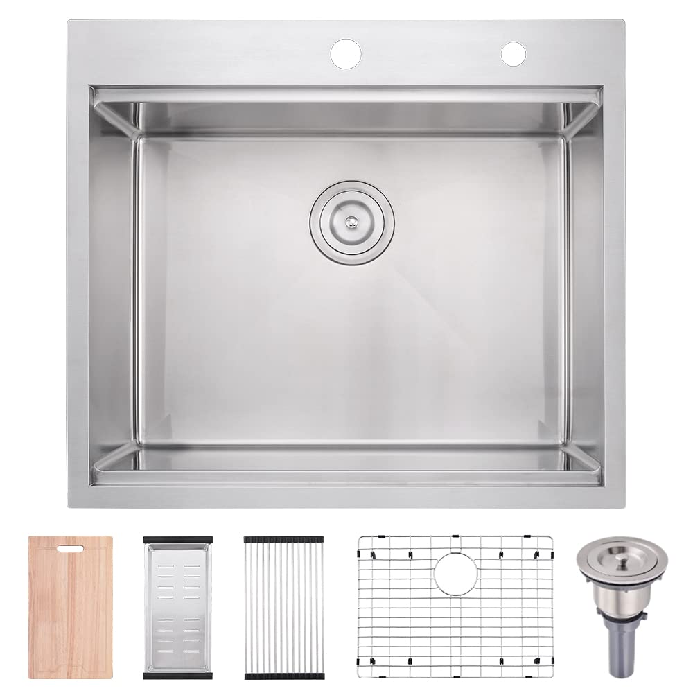 25x22 Inch Drop-In Kitchen Sink Workstation - 16 Gauge Stainless Steel Single Bowl Topmount Sink with Cutting Board | Deep Bar Prep Basin for Home & Commercial Kitchens | Perfect for Food Prep, Washing Dishes, and Entertaining