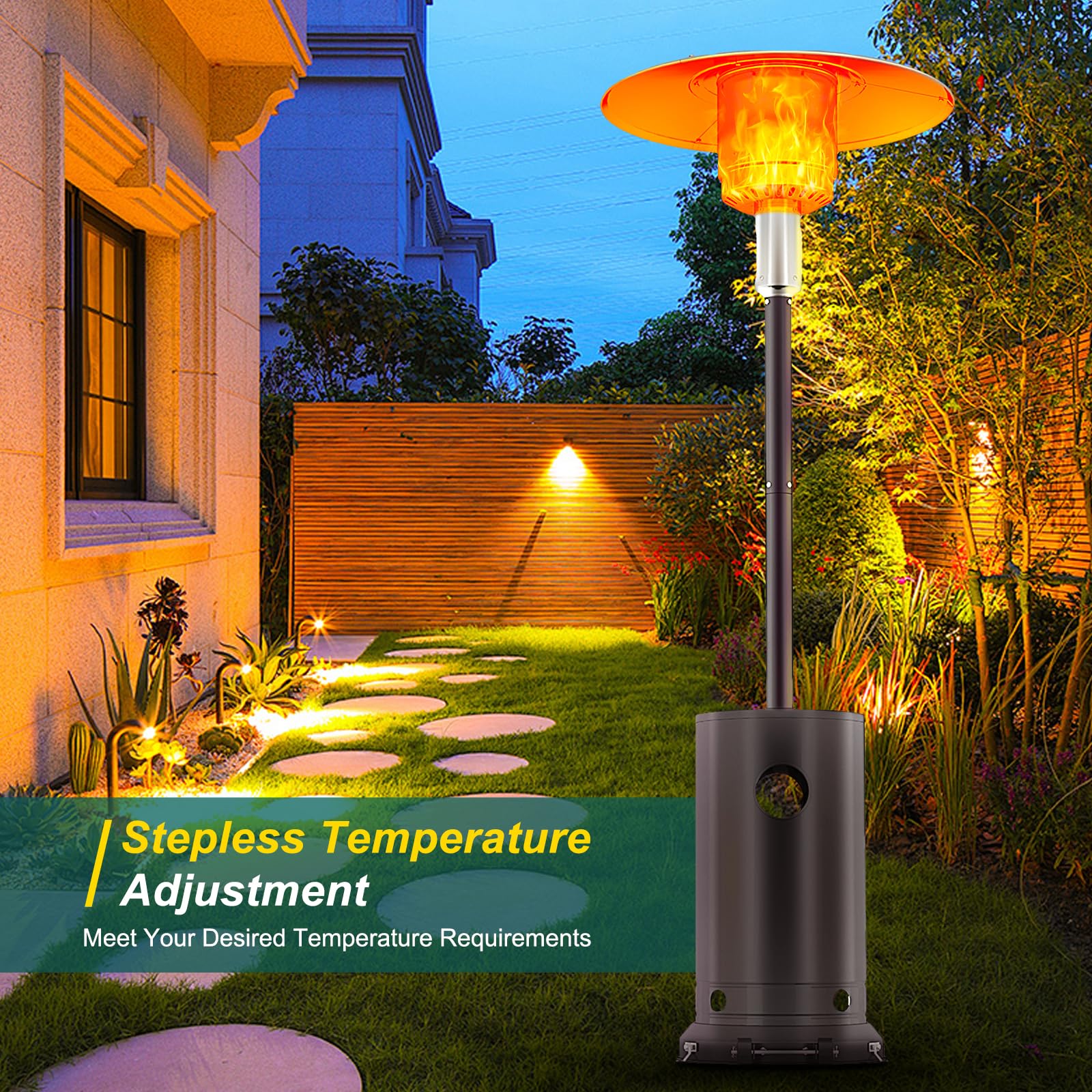 48,000 BTU Stainless Steel Propane Patio Heater with Wheels - Outdoor Heater for Backyard, Garden, Patio, Porch & Pool - Bronze Finish - Perfect for Cold Evenings, Outdoor Dining & Entertainment