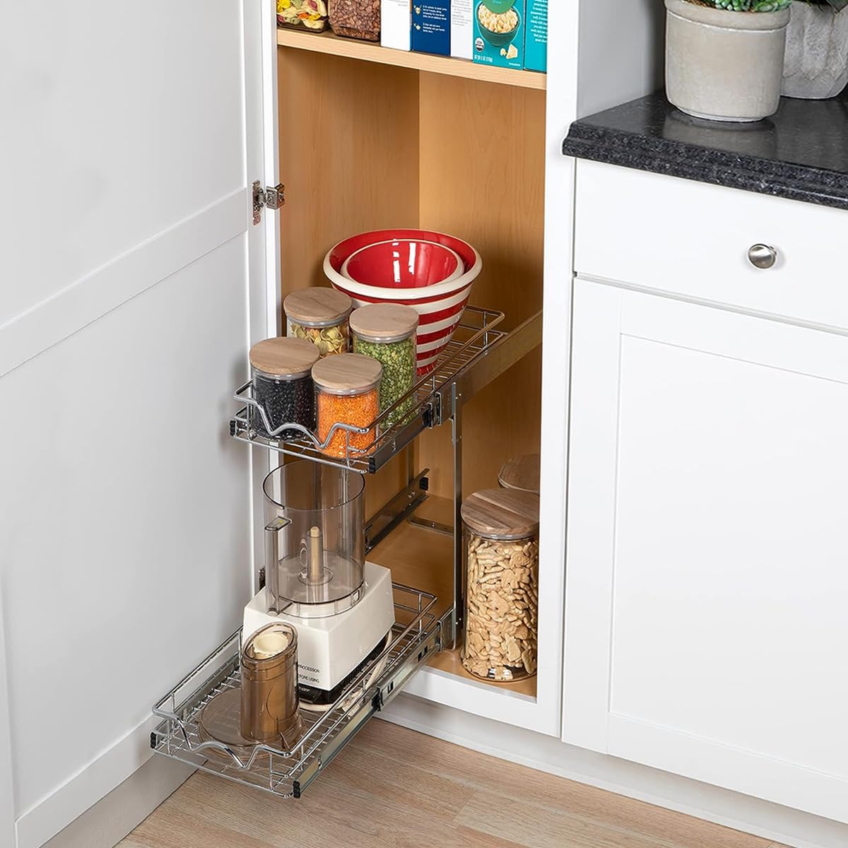 2-Tier Pull Out Cabinet Organizer - Heavy Duty Metal, Anti-Rust Chrome Finish for Kitchen & Bathroom Storage