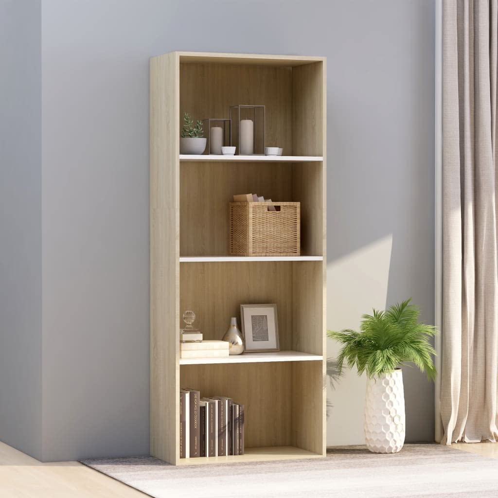 4-Tier Book Cabinet - White & Sonoma Oak Display Storage Rack (23.6