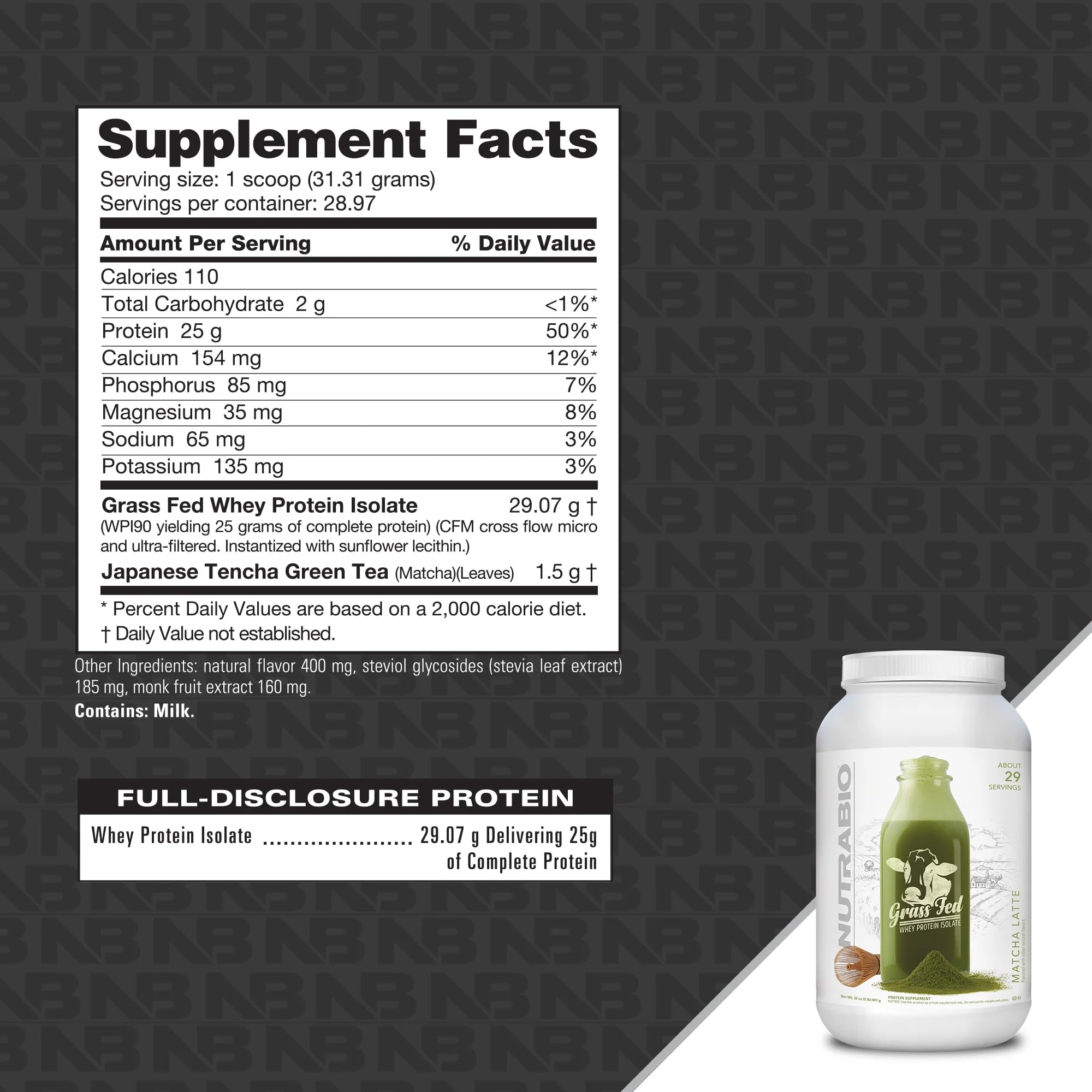 NutraBio Grass Fed Whey Isolate Protein Powder - 25G Protein Per Scoop, Sugar Free, Natural Lean Muscle Supplement - Matcha Latte Flavor - 2lbs (29 Servings) for Post-Workout Recovery & Healthy Breakfast Smoothies