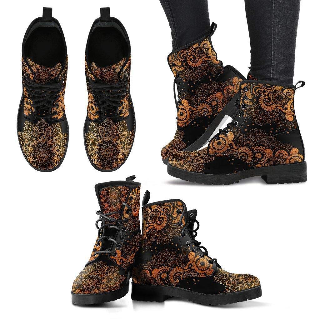 Black and Gold Paisley Mandala Memory Foam Boots - Vegan Leather Combat Boots for Women | All Season Lace Up Ankle Booties | Perfect for Fall, Winter & Festival Fashion