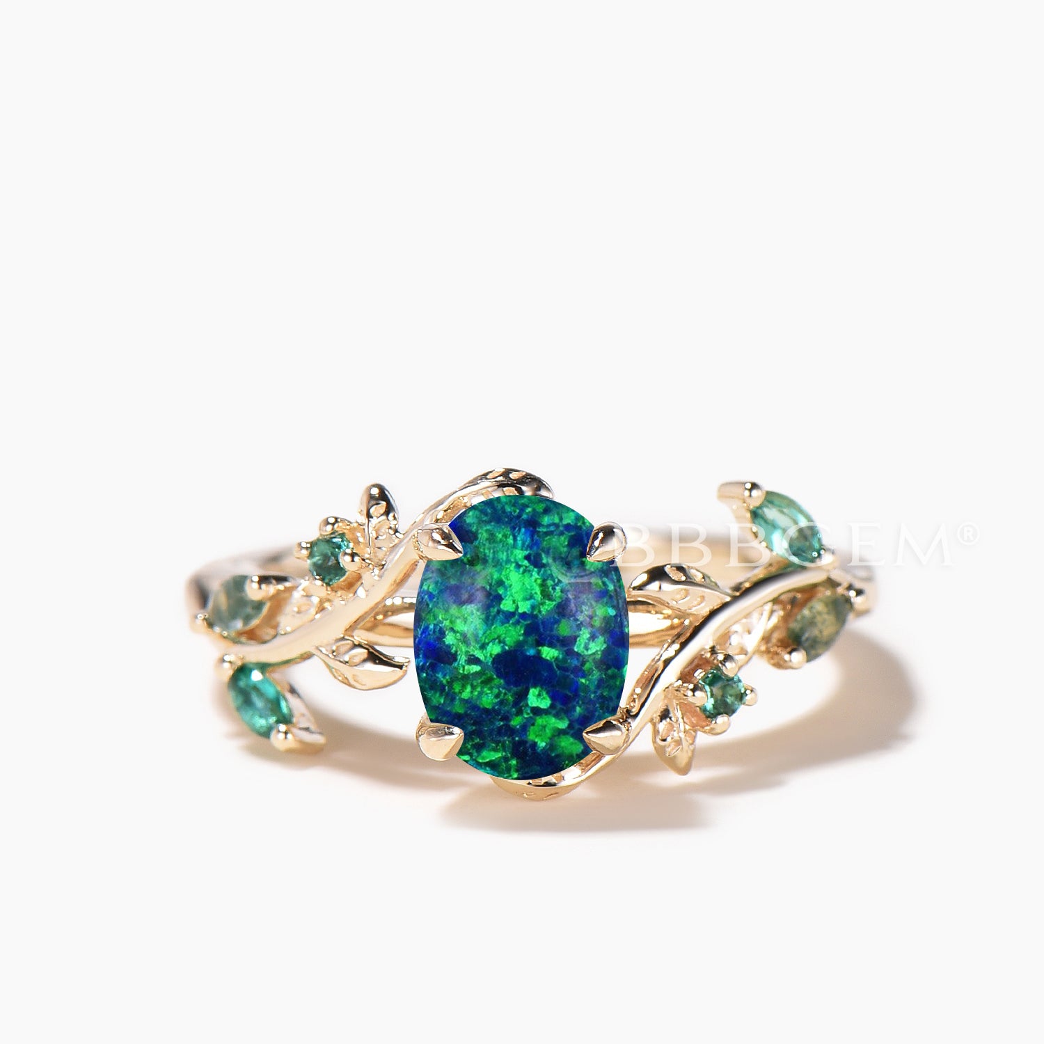1.5CT Oval Cut Black Opal & Moss Agate Engagement Ring in Yellow Gold - Emerald Leaf Design for Wedding, Proposal & Anniversary Gifts