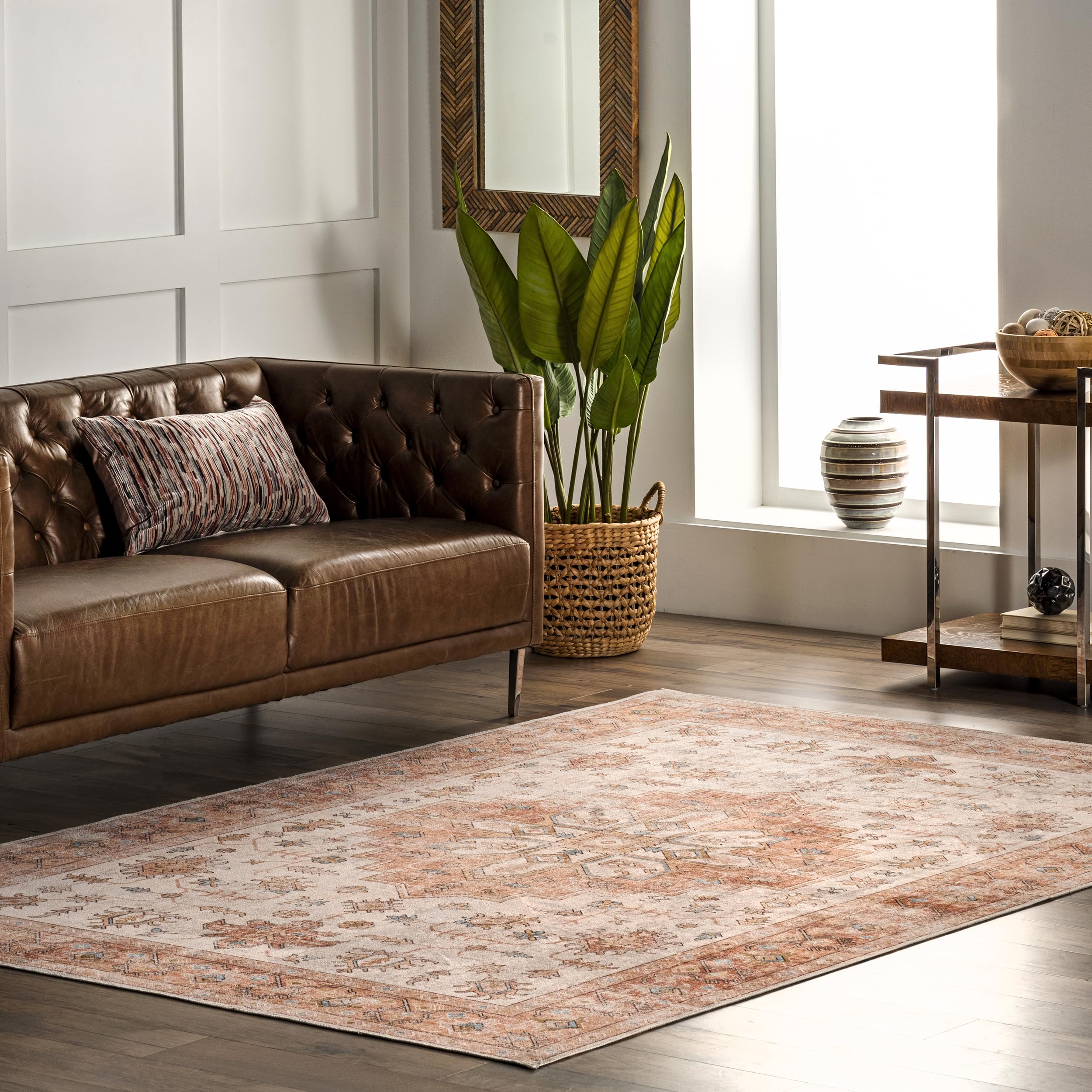 nuLOOM 6' x 9' Machine Washable Stain-Resistant Area Rug with Non-Slip Backing - Low Profile Soft Indoor Rug for Living Room, Bedroom & Dining Room - Dawson Peach - Perfect for High Traffic Areas & Pet-Friendly Homes