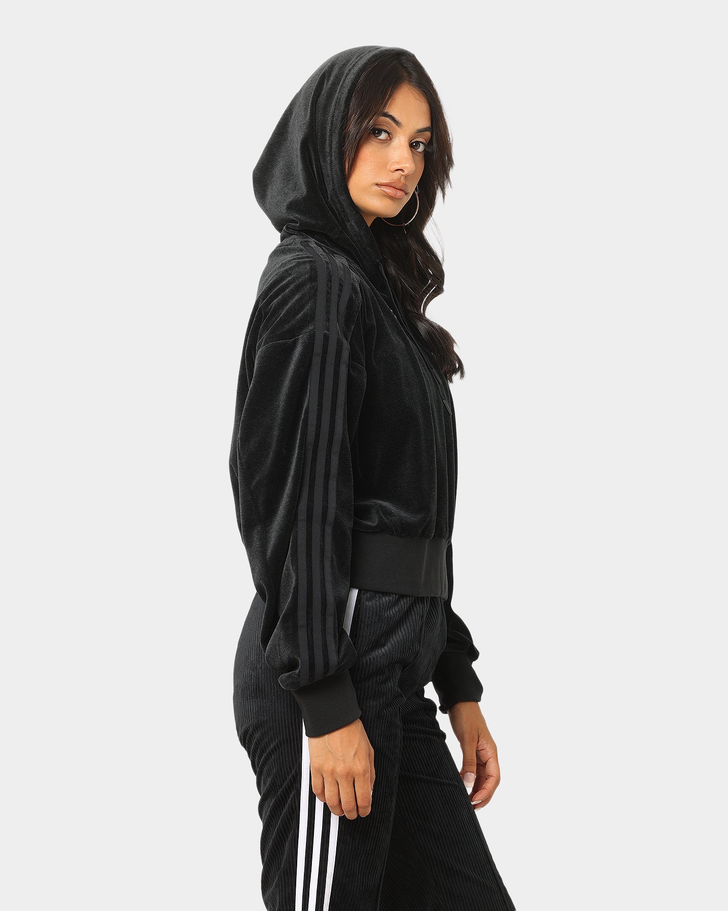Adidas Women's Cropped Velour Hoodie - Soft & Cozy Pullover Sweatshirt for Casual Wear & Lounge Outfits | Black Melange Color