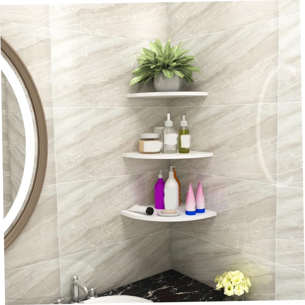 Triangle Corner Shelf - Wall Mounted Fan Shaped Storage Rack for Bathroom, Kitchen, Living Room - Space Saving Organizer for Books, Plants & Decor