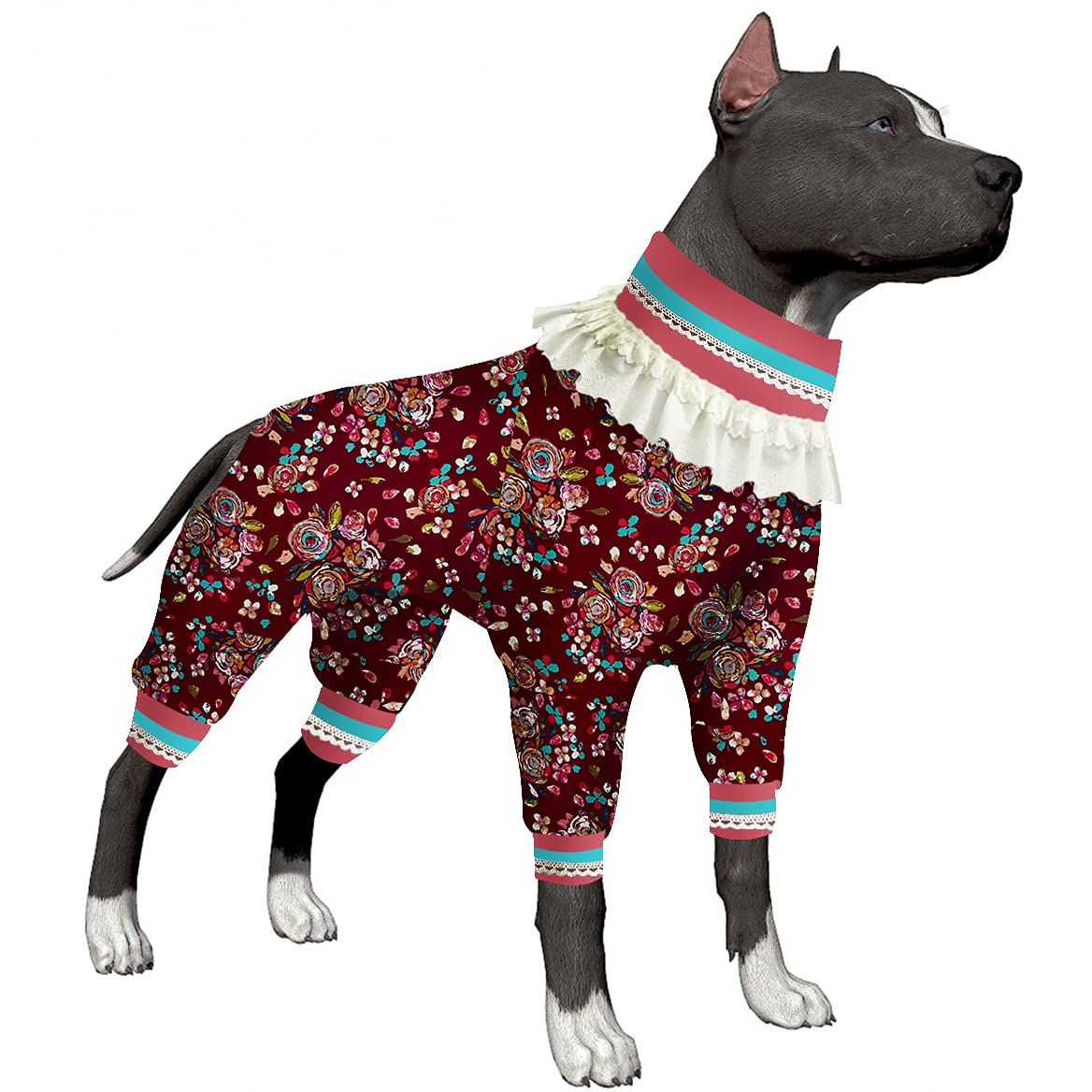 LovinPet Dog Surgical Recovery Suit - Post-Operative & UV Protection Onesie with 4-Leg Design & High Collar - Lightweight Elastic Bohemian Floral Print Pajamas for Large Dogs - Perfect for Post-Surgery Care, Sun Protection, and as a Base Layer for Dog Dresses
