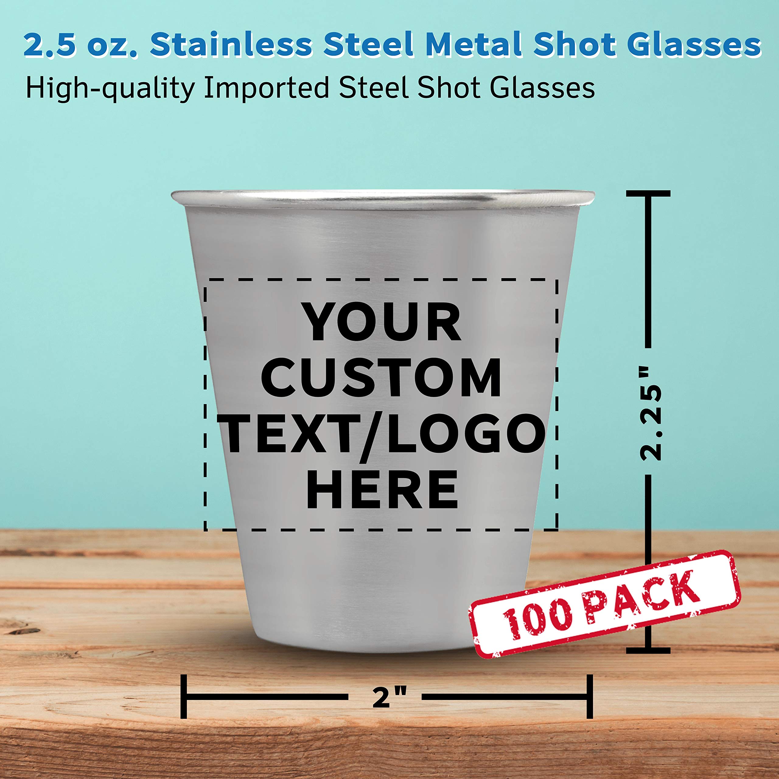 Custom Personalized Stainless Steel Shot Glasses 2.5 oz (Set of 100) - Bulk Pack for Weddings, Birthdays, Parties & Events - Durable Barware for Home, Office & Commercial Use