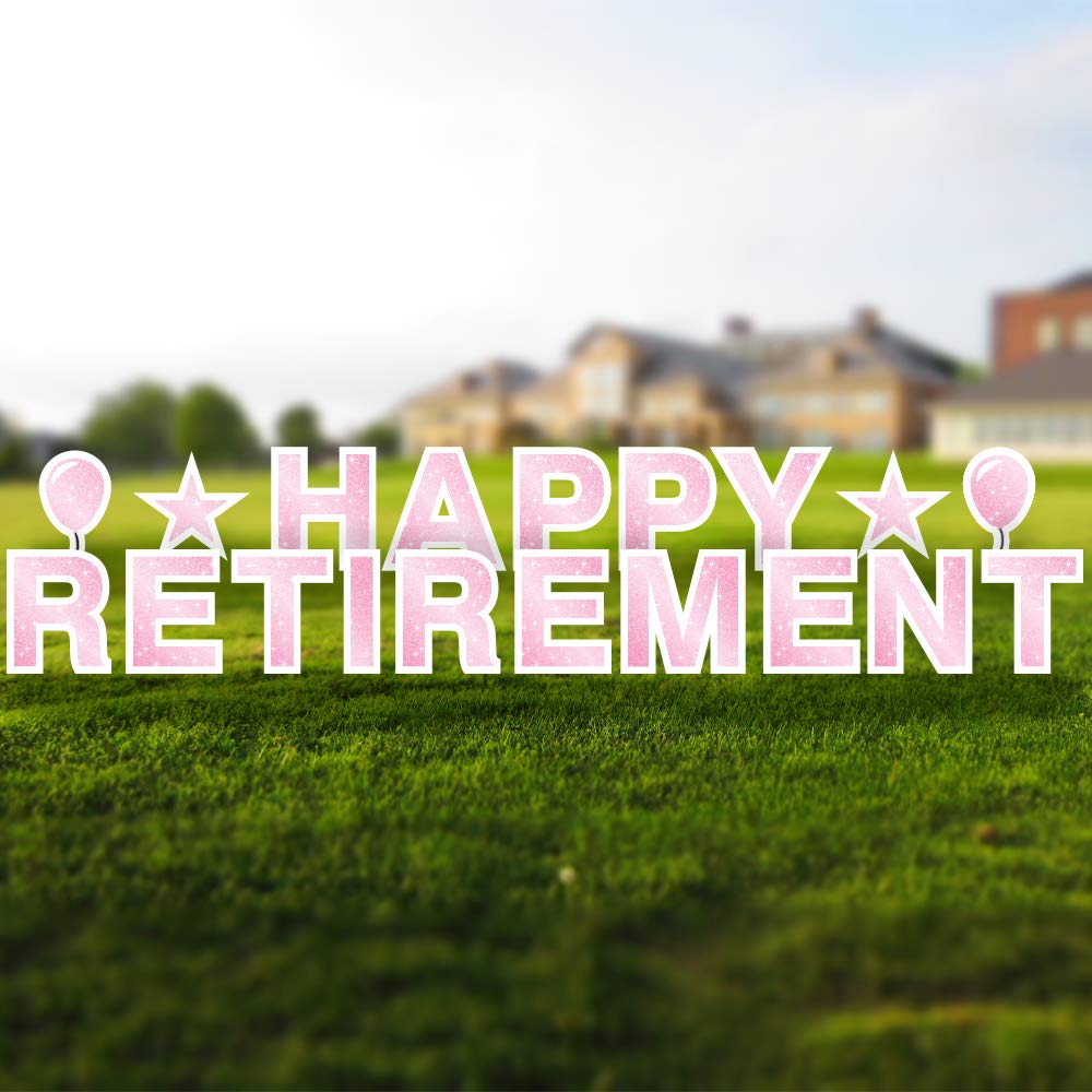 Happy Retirement Yard Sign - 18in Tall with Stakes & Emojis - Durable Corrugated Plastic - Retirement Party Decorations - Faux Glitter Pink - Perfect for Outdoor Celebrations, Backyard Parties & Retirement Gifts