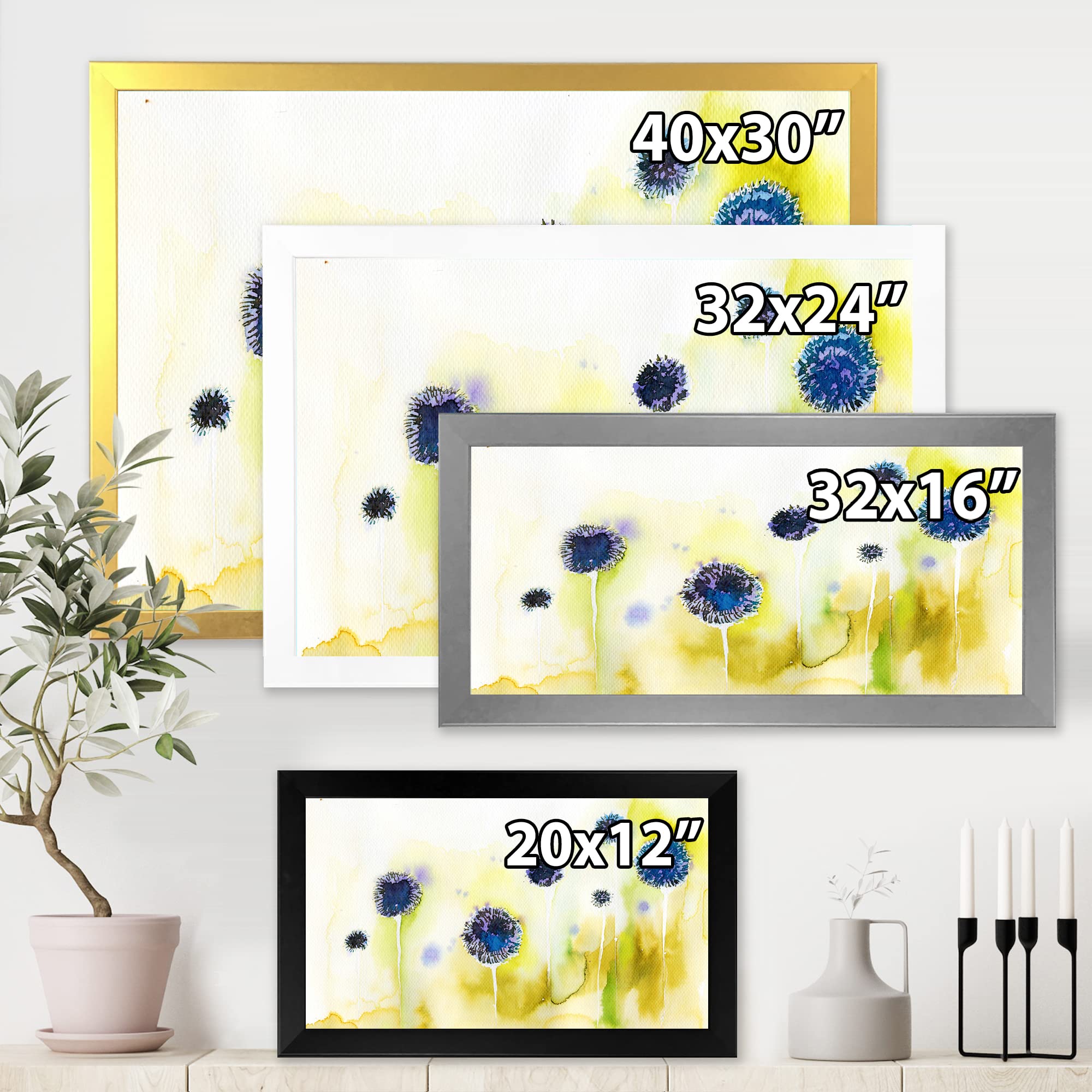 DesignQ Blue Flowers In The Meadow Traditional Framed Wall Art - Vintage Floral Canvas Painting for Living Room, Bedroom & Office Decor